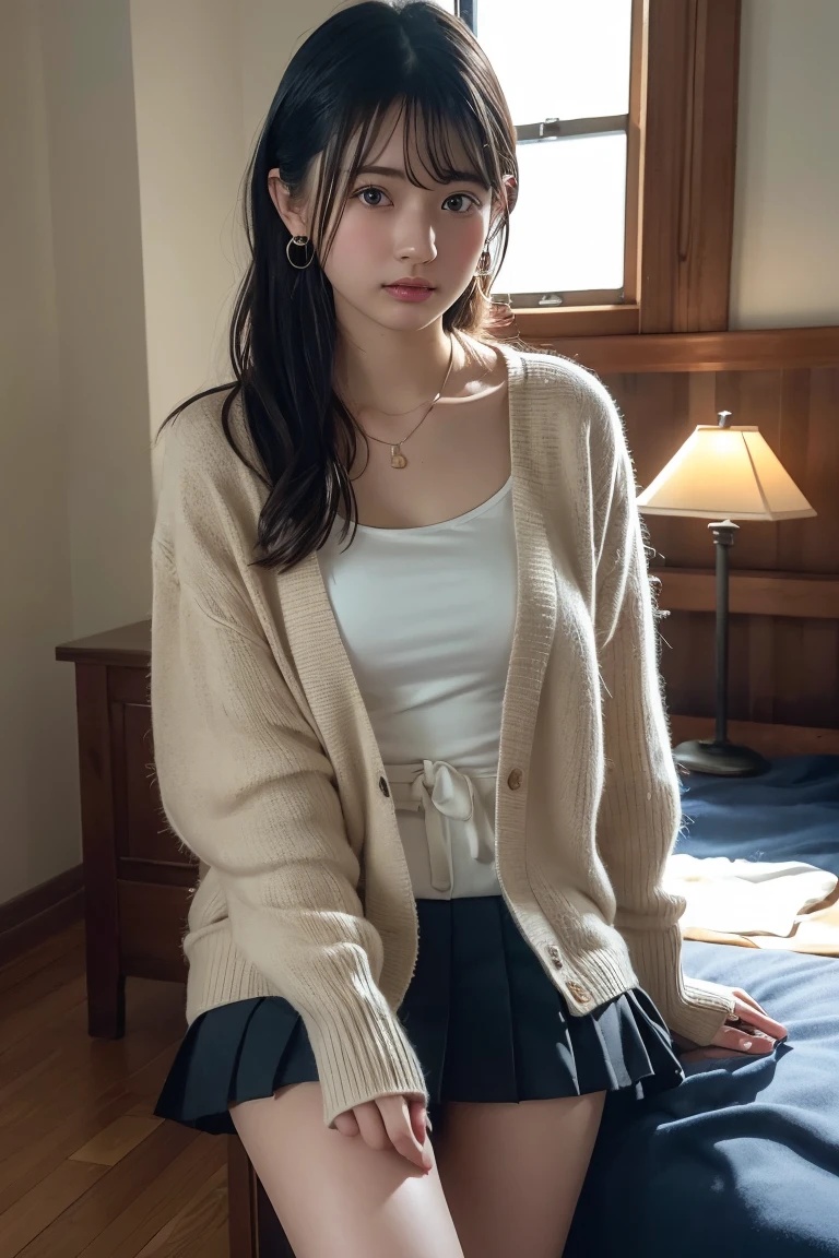 ((High-resolution images, masterpiece, Atmospheric perspective, 8K, Very detailed, Accurate, Highest quality, Single Shot)), (((Cute western woman masturbating))), (Casual Style), Jacket, Unbuttoned shirt, Swollen areola, (Round face, Realistic eye size, Droopy eyes, blush, smile), (((Stand and spread your legs, ))), (Bedroom,On the bed, At night), Blonde braids, Small earrings, Thin Necklace, (light makeup),