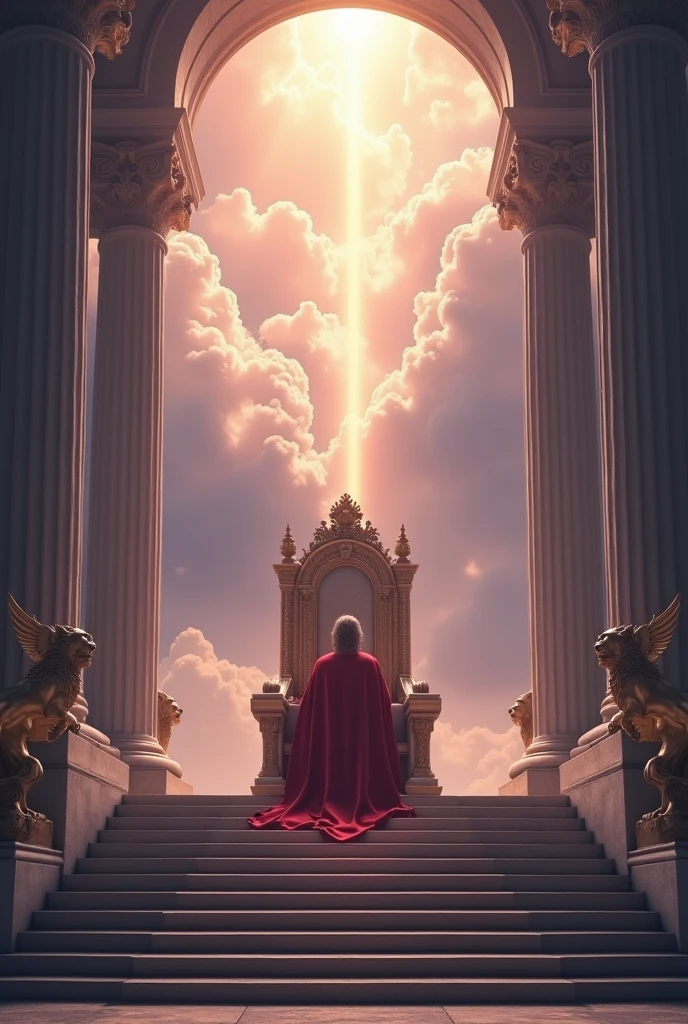 A grand and mystical scene of an imposing throne placed at the top of a monumental staircase. The throne is adorned with intricate detailing and is flanked by statues of winged lions. A majestic figure, draped in a red cape, sits upon the throne, exuding an aura of power and authority. Behind the throne, a dramatic sky is filled with clouds in shades of pink and purple, with rays of golden light radiating outward, creating a celestial effect. Tall, ornate columns flank the scene, adding to the grandeur of the setting. The overall atmosphere is one of mystery, awe, and an otherworldly feel, with soft, ethereal light illuminating the scene.