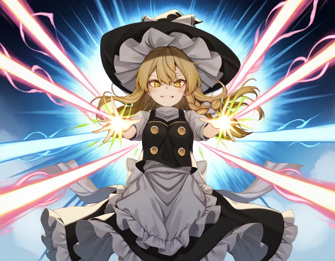 ( best quality :2.0)、(( high definition ))、Masterpiece、East、( Kirisame Marisa :1.4)、1 person、She casting a spell, ((multi Colored energy beam)), Windy, anime-like paint, (lot of Energy Beam:1.2), seven Energy Beam