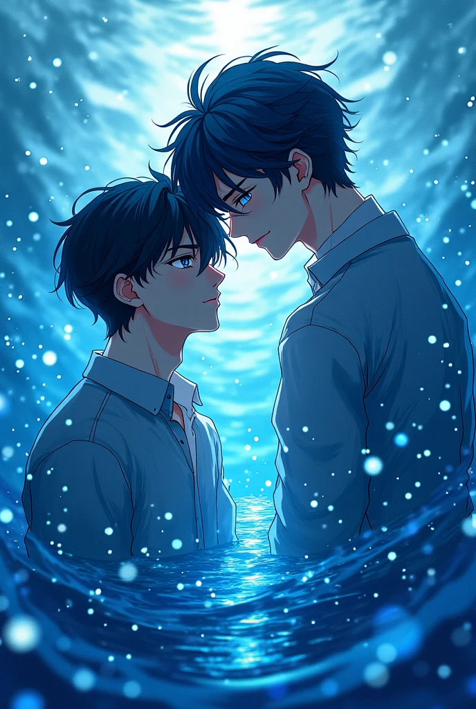 A boy and ther boy hugging in the water,with fair skin,wearing underpants,Shirtless