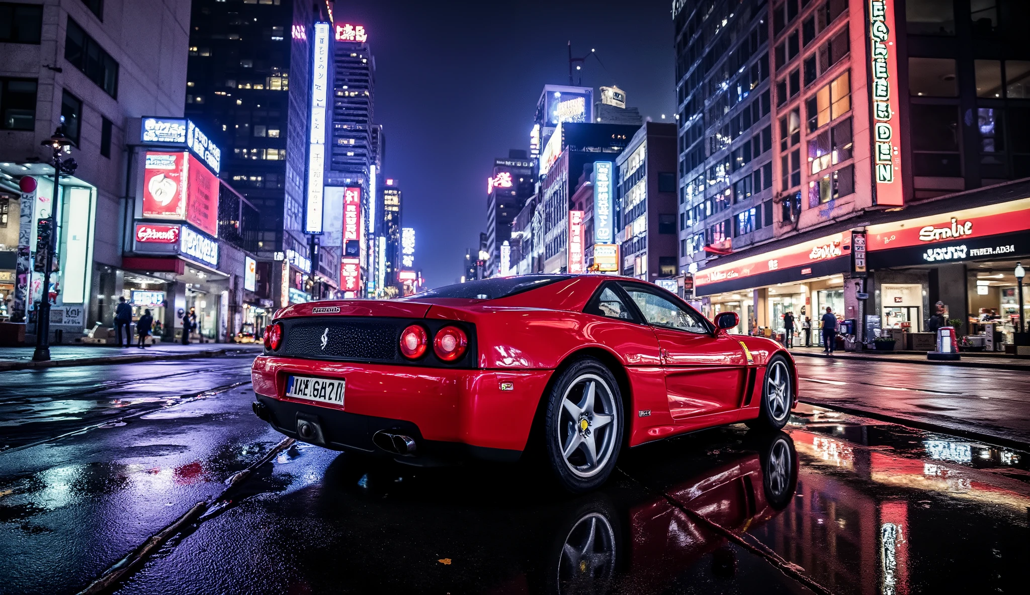 A highly detailed and aesthetic image of a red Ferrari 296 GTB parked in the middle of a vibrant city at night, surrounded by glowing neon lights, modern skyscrapers, and wet pavement reflecting the colorful lights, creating a cinematic and dynamic urban scene.