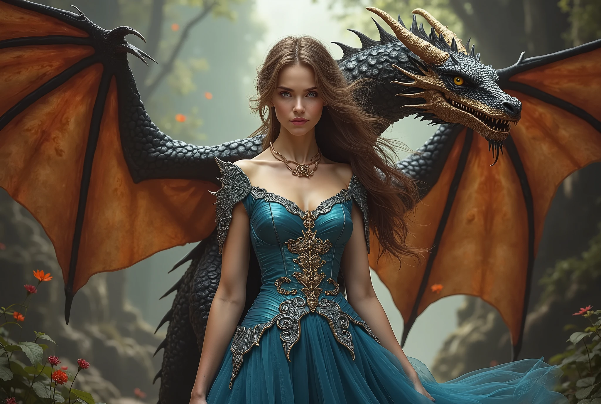 Pretty Blonde Woman with pet black and red dragon
