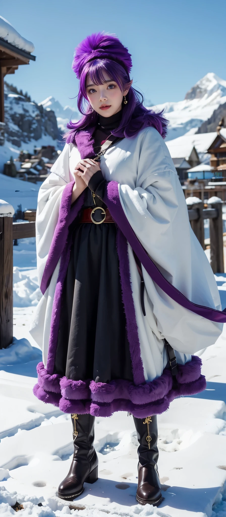 .(dq pom , boots. Red Hood,  purple hair, Robe,  upper body, )、 profile sideview、  Details face,  cute face ,  best quality    , bangs , small head:1.3.Big bright eyes,  highlight the eyes with a very beautiful light from below the lower body,   earrings,  best quality . viewer, Slightly,Masterpiece,  best quality :1.4 、8k,  RAW photo,   photorealistic  :1.2、   観光spot  ,  Details,  , Film type light, Skyscape.cloud.Strong winds.
,backlit,floating,floating.floating.Eternals　spot、Fantasy  :1.4