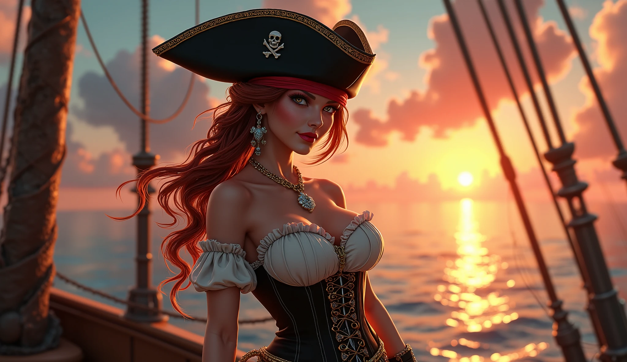 (masterpiece, 最high quality:1.4), (pirate ship), (From the back:1), (One girl), (alone), (head to waist photo) , Nami from One Piece, hyperRealistic, Skin with attention to detail, Digital SLR, Soft lighting, high quality, Highly detailed face, Highly detailed eyes, Highly detailed skin, Skin pores, Scattered beneath the surface, Apply blush all over the face, Highly detailed face, Highly detailed eyes, Beautiful Face, Fuller lips, Detailed Background, Depth of written boundary, Volumetric lighting, Sharp focus, Realistic proportions, Excellent anatomy, (Realistic, hyperRealistic:1.4), 16k hdr, Dawn