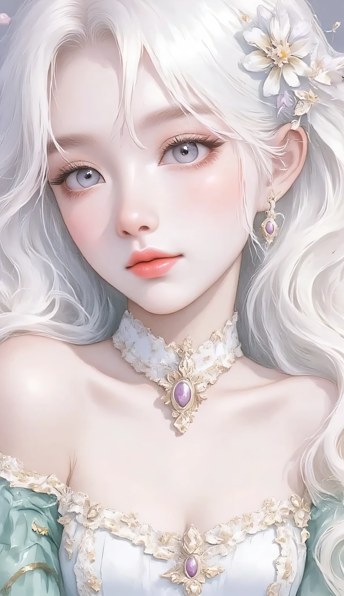 Masterpiece:1.2, Best quality, anime style, illustration, Intricate details, young south korean girl, solo, Upper body, big breasts, cleavage, experiment with appearance, white hair, long white hair, ennui, kind smile, green clothes, Gentle feeling,Dramatic makeup,Unconventional fashion choice behavior, Take part in a punk show、Create mixed media art、Try different subcultural values:personality、authentic、Creative expression of inspiration:Punk rock music、Counterculture icons,Avant-garde art movement character traits:daring、daring、act outside the box。