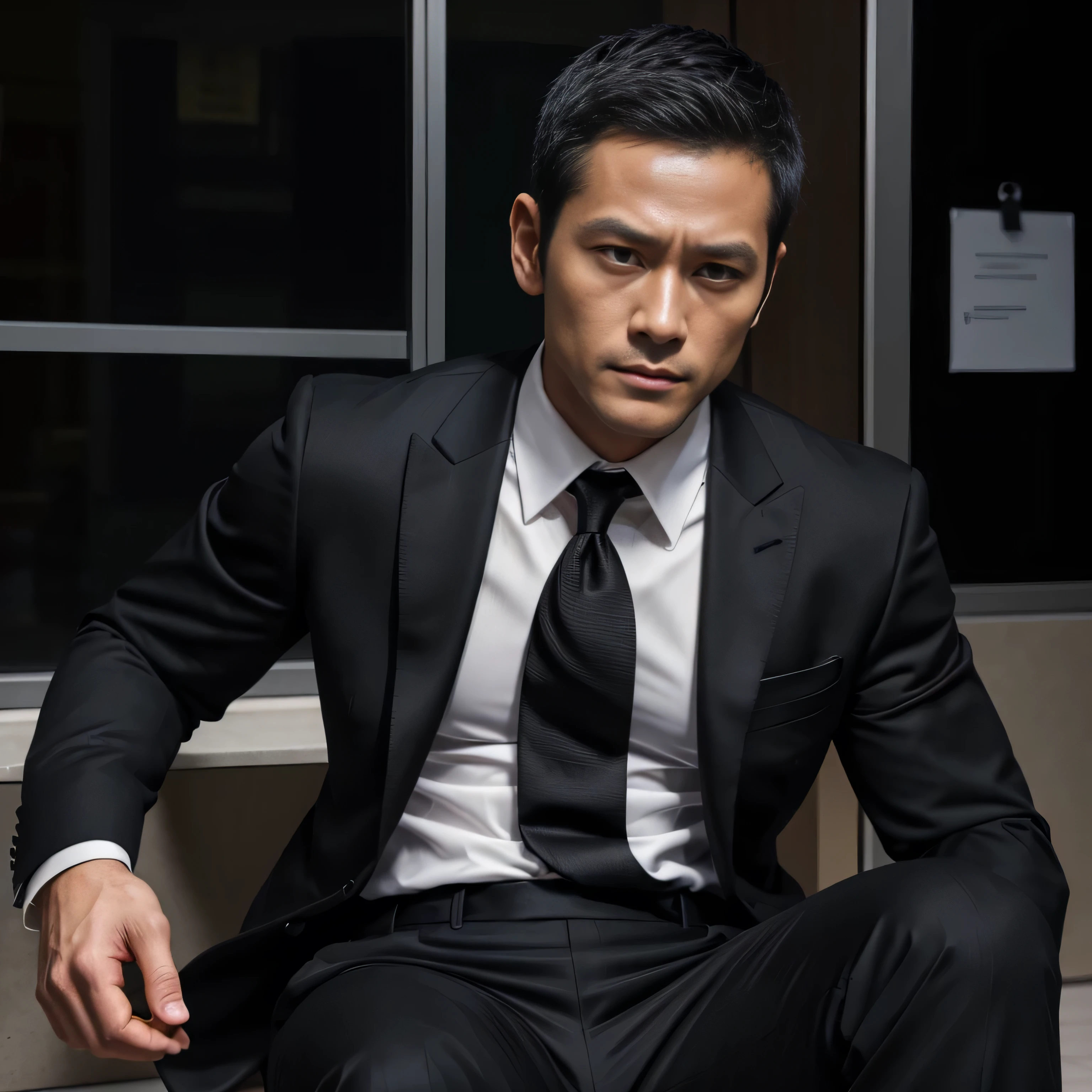 40 year old handsome , One Man,、 muscularity、Makino Tomoaki 。 black suit ,black tie、 black slim pants 、 shorthair 、 office、 open leg 。 Sitting on the ground 、 black suit、black tie、 black slim pants 、 Lift your upper body 、Focus on facial expressions Painful and painful face mafia Menacing look