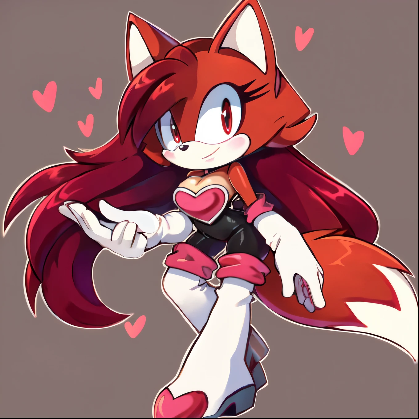 Female, Mobian, Fox, leaning forward, (((2D Anime Style))), (solo), (1girl), high quality digital art, red and black neon lines sketch art, bedroom like background, a dark crimson furred female anthropomorphic Fox, has red eyes, (((dark crimson fur))), (((VERY long and wavy dark crimson hair))), (large and long hair bangs), wispy lines, Rouge cosplay, cosplay, Rouge outfit, she wears a black skin-tight and strapless low-cut jumpsuit, a pink heart-shaped chest plate outlined with thin white trim, elbow-length white gloves and thigh-high high-heeled boots with pink cuffs to match them, with the latter featuring both gray soles and heels, along with steel toes in the appearance of pink hearts, matching her jumpsuit's chest plate, average sized breasts, (facing viewer), fox tail, fox tail also inside jumpsuit