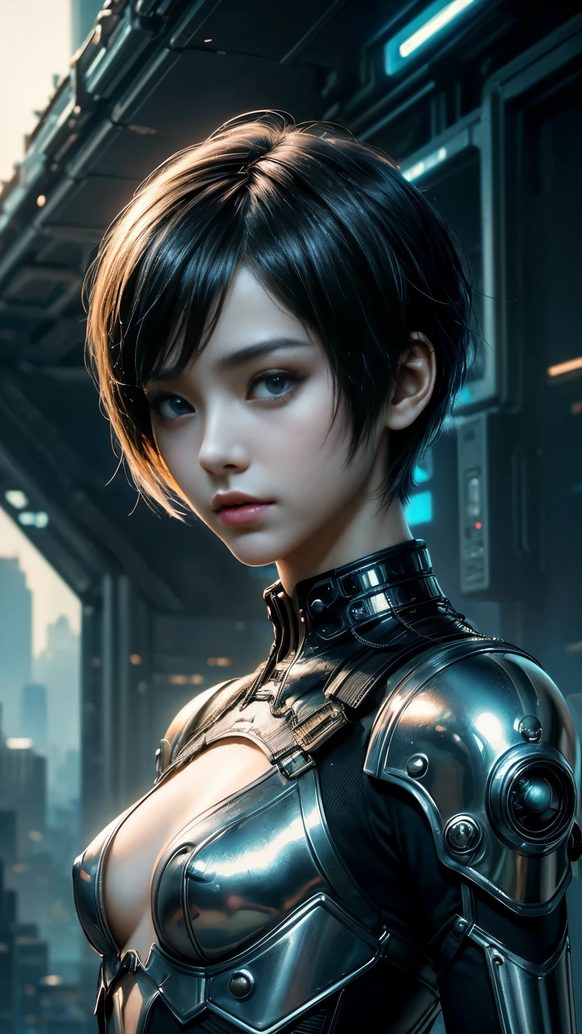 NSFW(((masterpiece))), (((Best Quality))), ((Ultra-detailed)), (extremely detailed photo), ((extremely delicate and beautiful)),(Cute delicate face), an image of cyberpunk, steampunk, sci-fi, cyberpunk fan art, cyberpunk hd wallpaper, cyberpunk art, cyberpunk pics, cyberpunk images, (tall girl), ((A 35 years old cool Half America and half German girl)),solo,short hair,looking at viewer, mecha musume, armor ,(beautiful face and eye), double eyelid,delicate skin,slender body shape,big breast