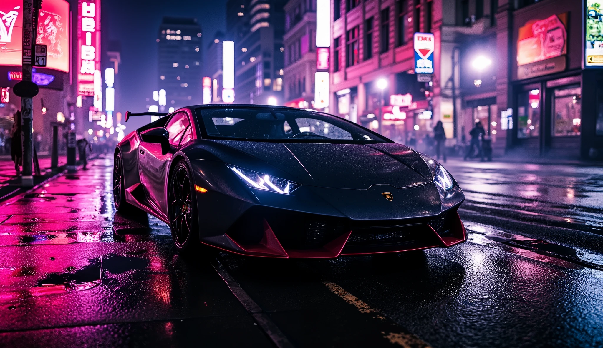 A highly detailed and aesthetic image of a Lamborghini Huracán STO in the middle of a bustling city at night, with its sharp, aggressive design illuminated by the vibrant neon lights from nearby buildings and street signs. The sleek body of the car reflects the city lights against a backdrop of modern skyscrapers and a glossy wet street, creating a bold and cinematic atmosphere.