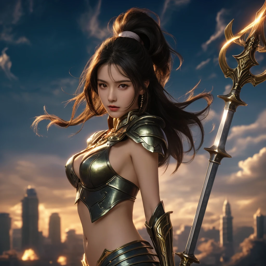 Girl (((From face to the waist view::1. 4))), realistic skin texture, in complex & hyper detailed white & golden valkyrie costume and armor with cape (((light glow effect))) holding a fencing sword and a guidon flag, dinamic panning photography move::1, midnight hour illuminationr, (masterpiece), best quality, perfect pretty face, 8k