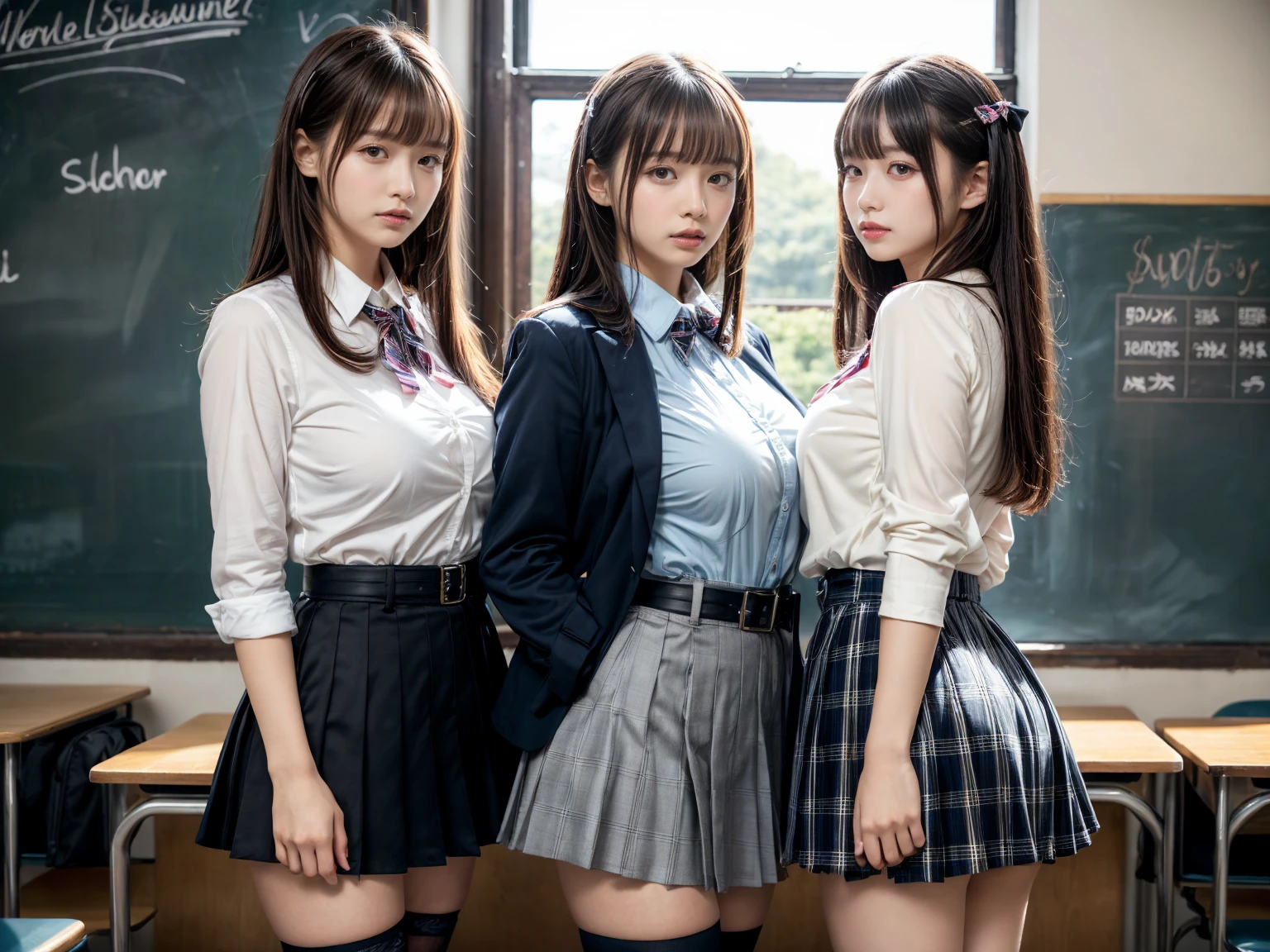 masterpiece, best quality, illustration, Super detailed, fine details, High resolution, 8K,wall paper, perfect dynamic composition,(Details High quality, realistic depiction of eyes:1.3), (2 girls, 2 schoolgirls:1.2), from side, High School Classroom、High school girl uniform、blazer 、Super Short Check Uniform Skirt、Navy blue high socks、garterbelts、Colossal tits、Disturbed uniform, short bob hair, black hair color, huge breasts, Big Natural Color Lip, bold sexy pose, (perfect body shape), crying a little、 Harajuku style、20 year old girl、 beautiful legs, hposing Gravure Idol, Voluptuous thighs