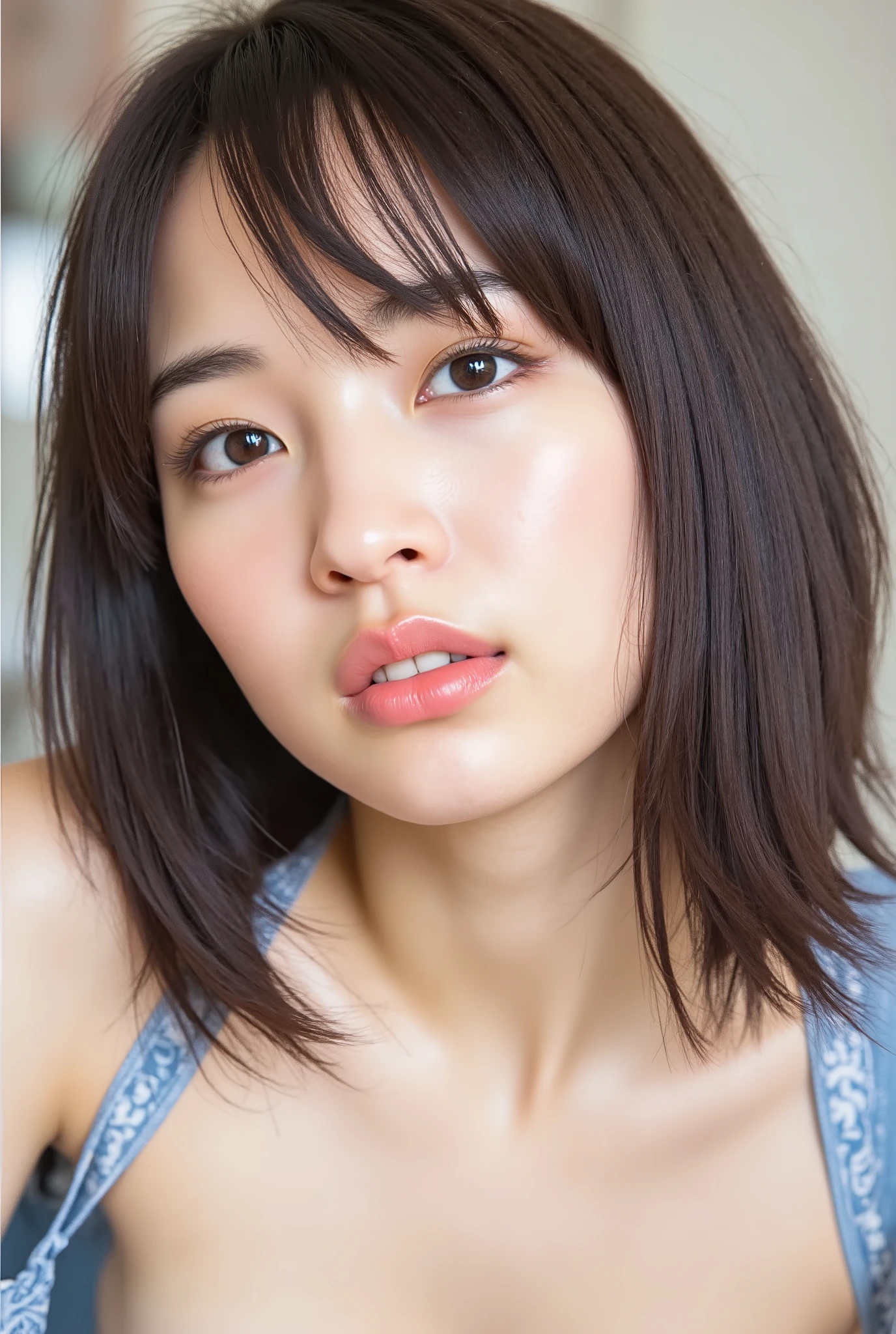 Masterpiece, best quality ,16k,8k, beautiful, super high definition, Super high quality , nsfw,( sharp concentration ), ( Super Detailed Beautiful Japanese Beauty Female Idols, She is lying face down, emphasizing her cleavage.:1.7), ( troubled face:1.3), Woman in the center of the image, Photorealistic , hyperrealism , ( micro bikini, big boobs:1.5)