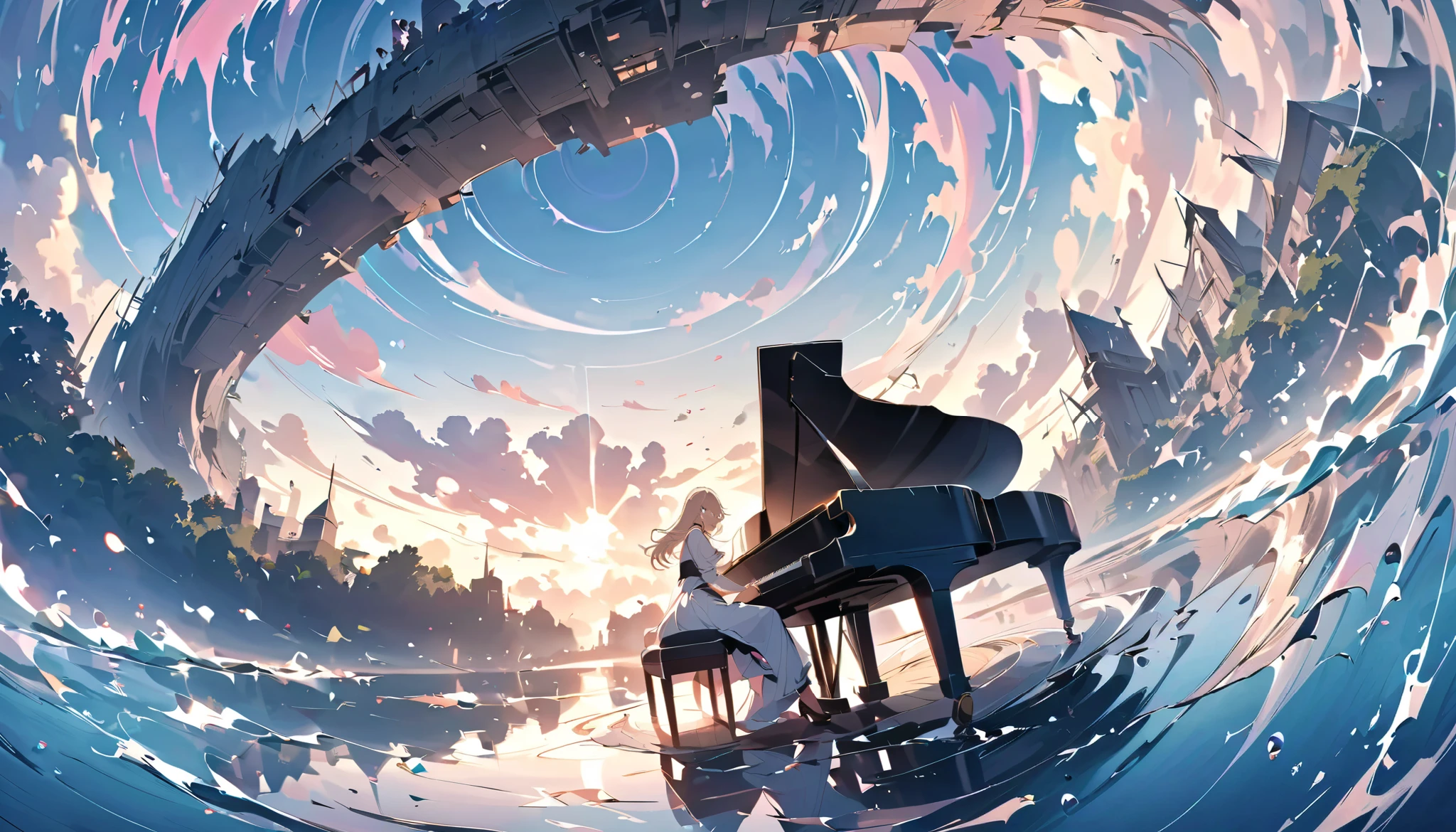fisheye lens、Flare Lens、Scenery Reflected in Puddles 、 fisheye lens、Lake in ruins 、 piano floating above the lake、Play the piano、 mystical scenery、(Masterpiece, best quality , Official Art:1.2), 荒れ果てた廃墟の中でグランドPlay the piano少女 , Floating Colorful Water, Details, dynamic angles , beautiful Details, 8k, break smiling amidst the カラフル scenes, ( best quality , Masterpiece, high resolution, Details), anime style, ( eyeliner , Details美しい顔), break, dynamic angles