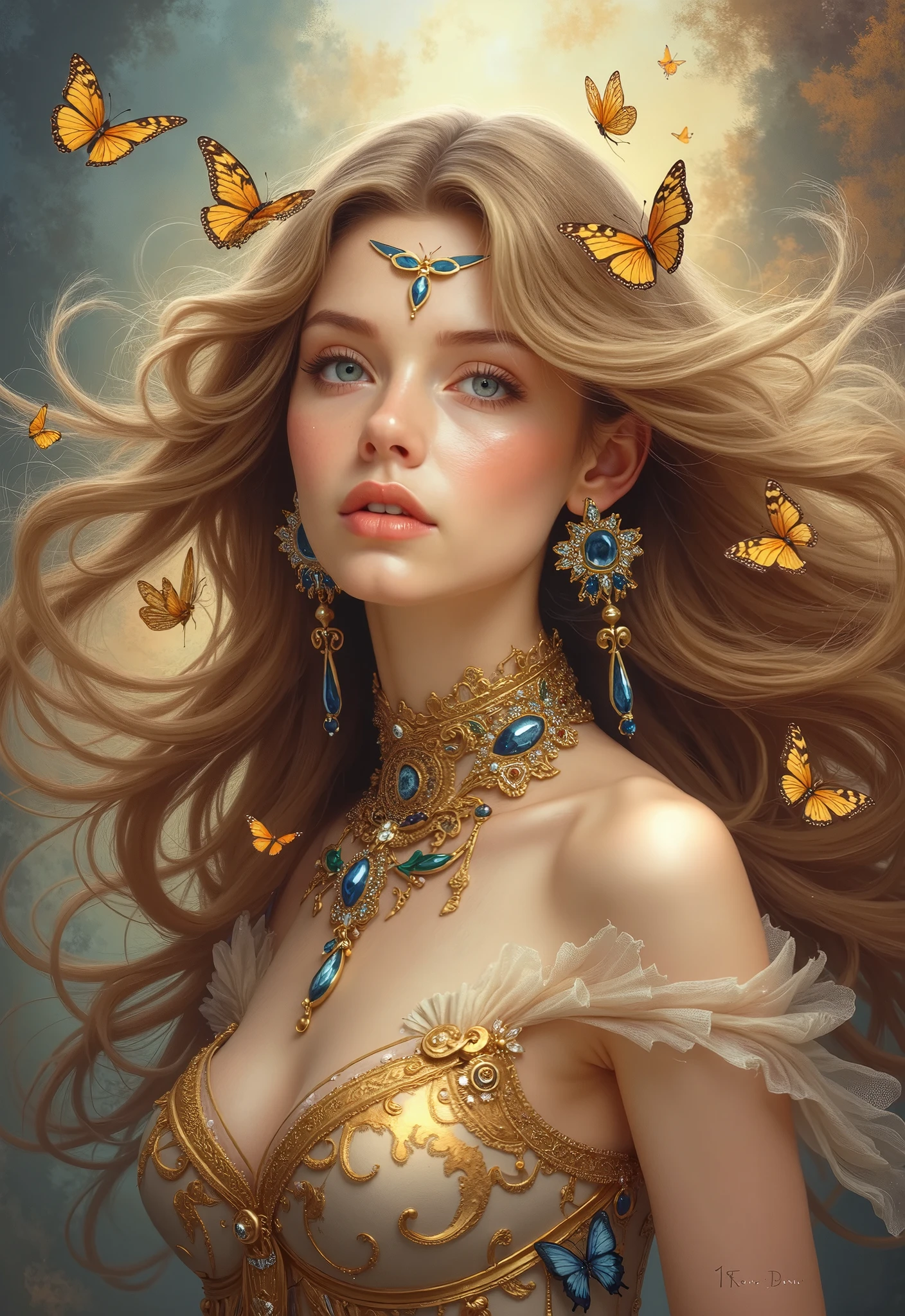 a painting of a woman with butterflies and a bird in her hair, karol bak uhd, karol bak and peter mohrbacher, style of karol bak, beautiful fantasy art portrait, artgerm julie bell beeple, detailed fantasy art, goddess. extremely high detail, fantasy art portrait, portrait of a beautiful goddess, fantasy portrait art