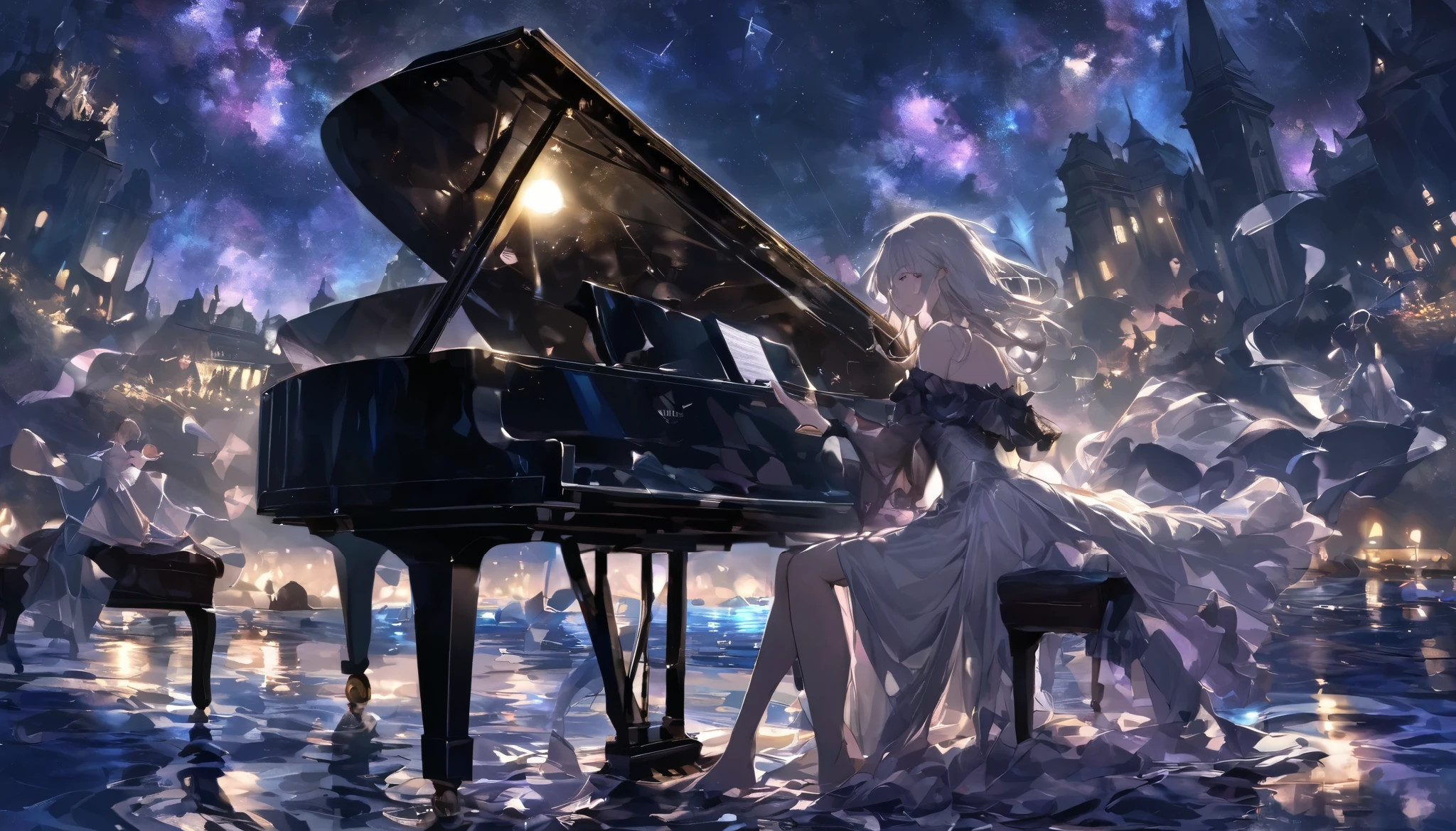 night、Endless lakes、星がいっぱいのnight空、Grand piano on the lake、Illuminated grand piano、Best image quality、theory、Beauty、