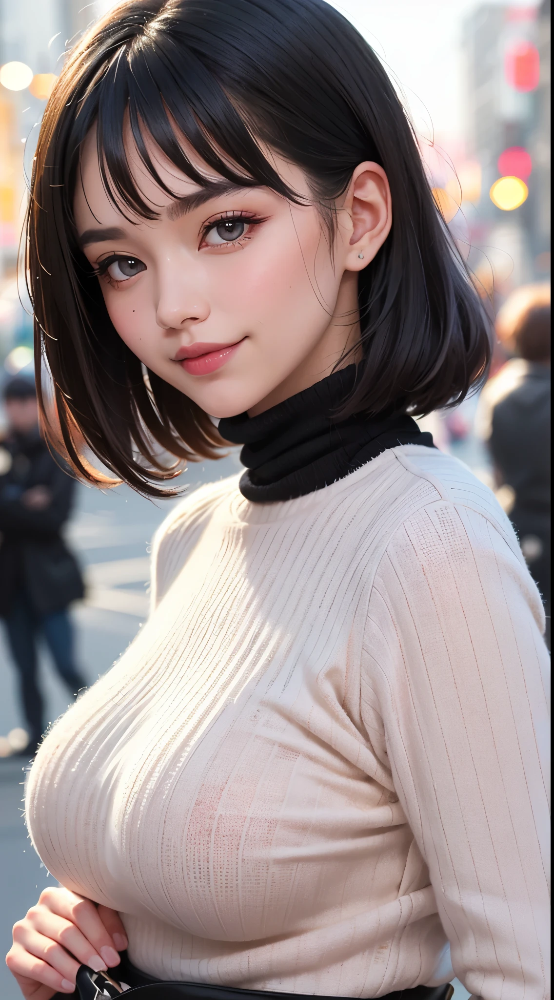 city、((turtleneck shirt:1.3)). 40k, photograph, masterpiece, highest quality, dark gray background, ((mature woman女性達, wife, Mother, mature woman)), ((plump breasts)), perfection face, perfection , ((huge breasts)), ((One girl with brown eyes and gorgeous light black hair)). beautiful japanese woman,perfectionly soft breasts and white skin, ((very soft breasts)). super detailed face, fine eyes, embarrassing, smile, summer, daytime, (((slave collar))), Half body, dated、short bob、sexy random poses