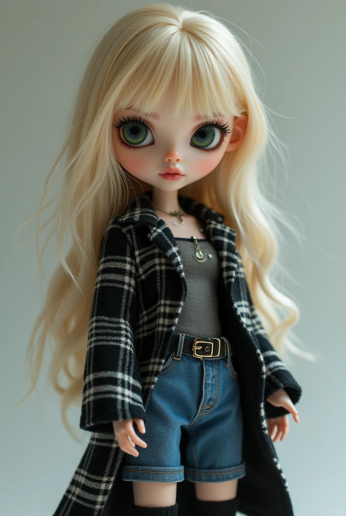 ((best quality)), ((masterpiece)), (detailed), 1girl, black shirt, blythe doll light blue eyes long blonde hair without bangs