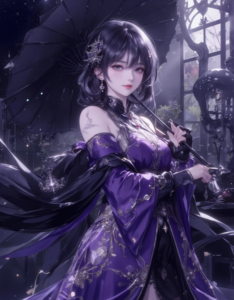 Anime girl in purple skirt holding umbrella in dark room, Moon themed clothing, fantasy costumes, rococo cyberpunk, Elegant Gothic Princess, black and purple clothing, gothic shoujo anime girl, Astral Witch Clothes, ta fashion, ((beautiful fantasy queen)), Charming hypnotic woman, Dress up in dreamy formal attire, lulua workshop, fairy tale core, I'm going
