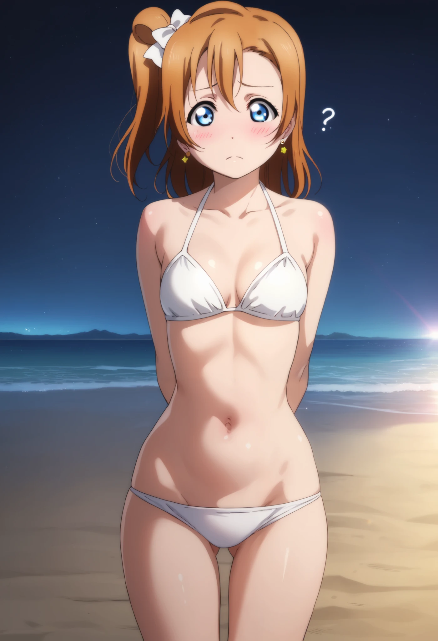 anime style, love live,kousaka honoka , love live, blue eyes, orange hair,earrings, (blushing:1.2) , standing, white bikini , ass visible through thighs,beach, night, dynamic lighting, detailed shading,moist skin,shiny skin,crotch visible, solo,1girl, arms behind back, dynamic angel of view, leaning back, confused,hip lines
