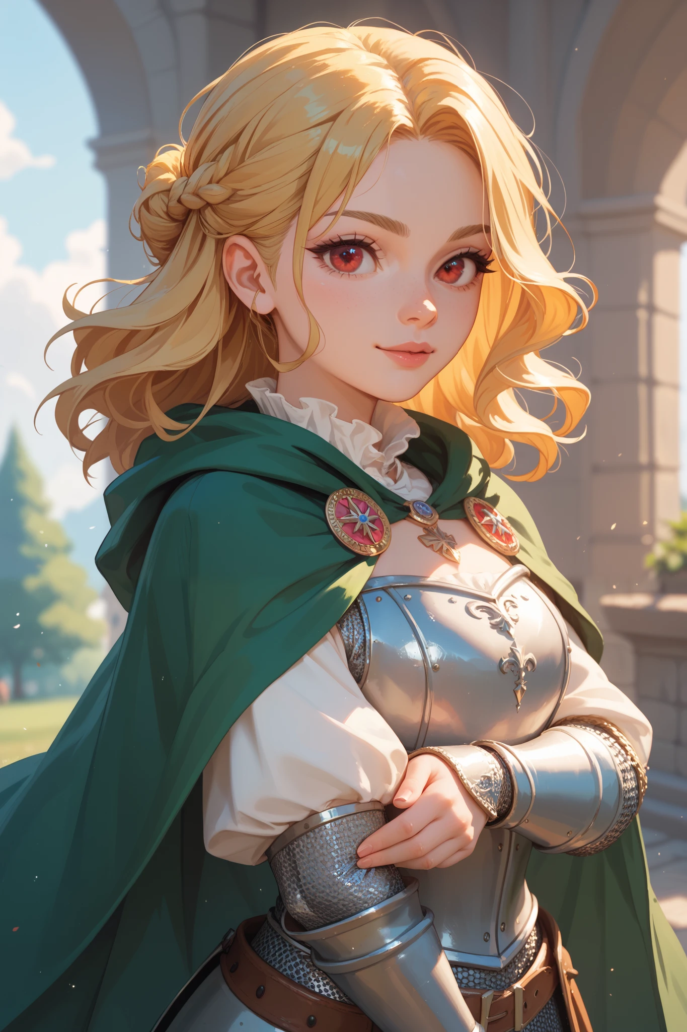 Cute girl in big bulky medieval armor, green cloak, blonde , golden hair, red eyes, Gorgona jellyfish