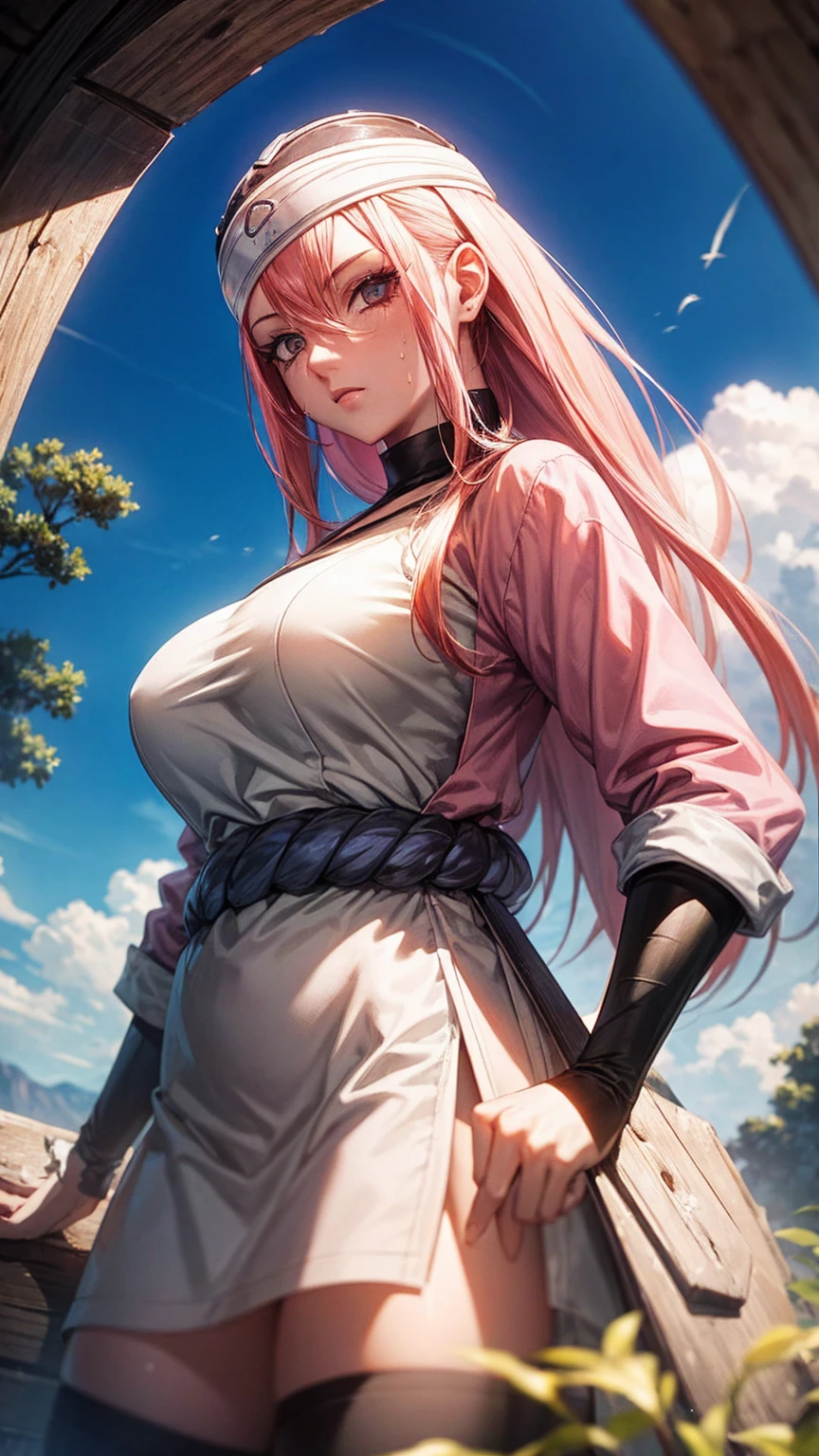 Super-realistic full-length Fashion photoshoot of a pink haired mature female, sakura\(boruto\) as a princess with long flowing hair, ancient Egyptian burial,(((Mummy Costume))),(((ragged white bandages))), perfect face, perfect nose, perfect green eyes, perfect lips, with (Pink hair), Large breasts, Sweat, Oily skin, shy and nervous expressions, dusty tomb, low key image, sharp texture, 4k, 8k, shot with Canon EOS 5D Mark III, 50mm, f/8, realistic face and body
