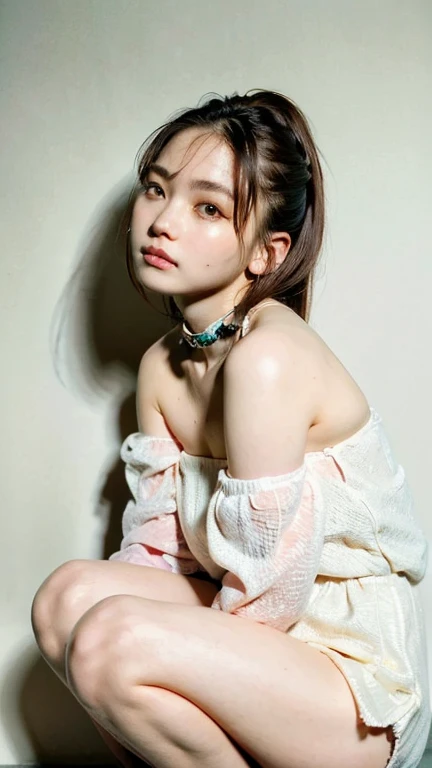 A creative illustration of a girl in Menhera style, with a dark and kawaii touch. She wears a with medical details like bandages and patches, and is surrounded by elements that mix tenderness with the disturbing., like torn stuffed animals and pastel colored syringes. The background is a combination of pastel tones and dark shadows, creating a contrast between the adorable and the disturbing.