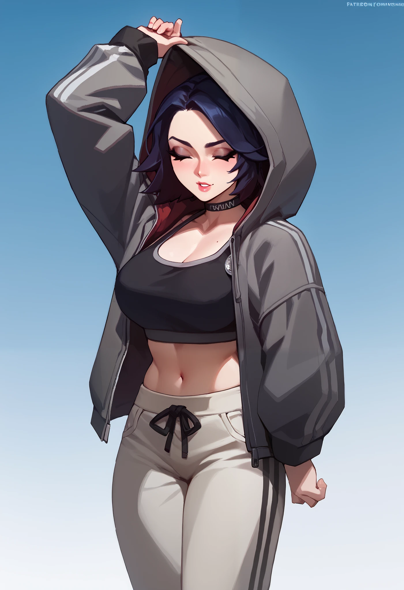 The clothing presented consists of three main pieces :
1. **Sports top**: A black bra with a circular cutout in the central part , that offers a bold and modern look . It has a band at the bottom with the writing "THE BLENDER ", that combines style and functionality.
2. **sweatshirt**: A dark gray hooded sweatshirt , open in front , that gives a casual and comfortable touch to the set . The sweatshirt has details on the front part , that may include logo or design .
3. **pants**: The lower part appears to be loose pants or jogging in an olive green tone, with a waistband elastic that also shows a band that complements the top . The combination suggests a relaxed look , ideal for physical activities or a casual everyday look .
The set conveys a sporty and modern aesthetic , balancing comfort and style .