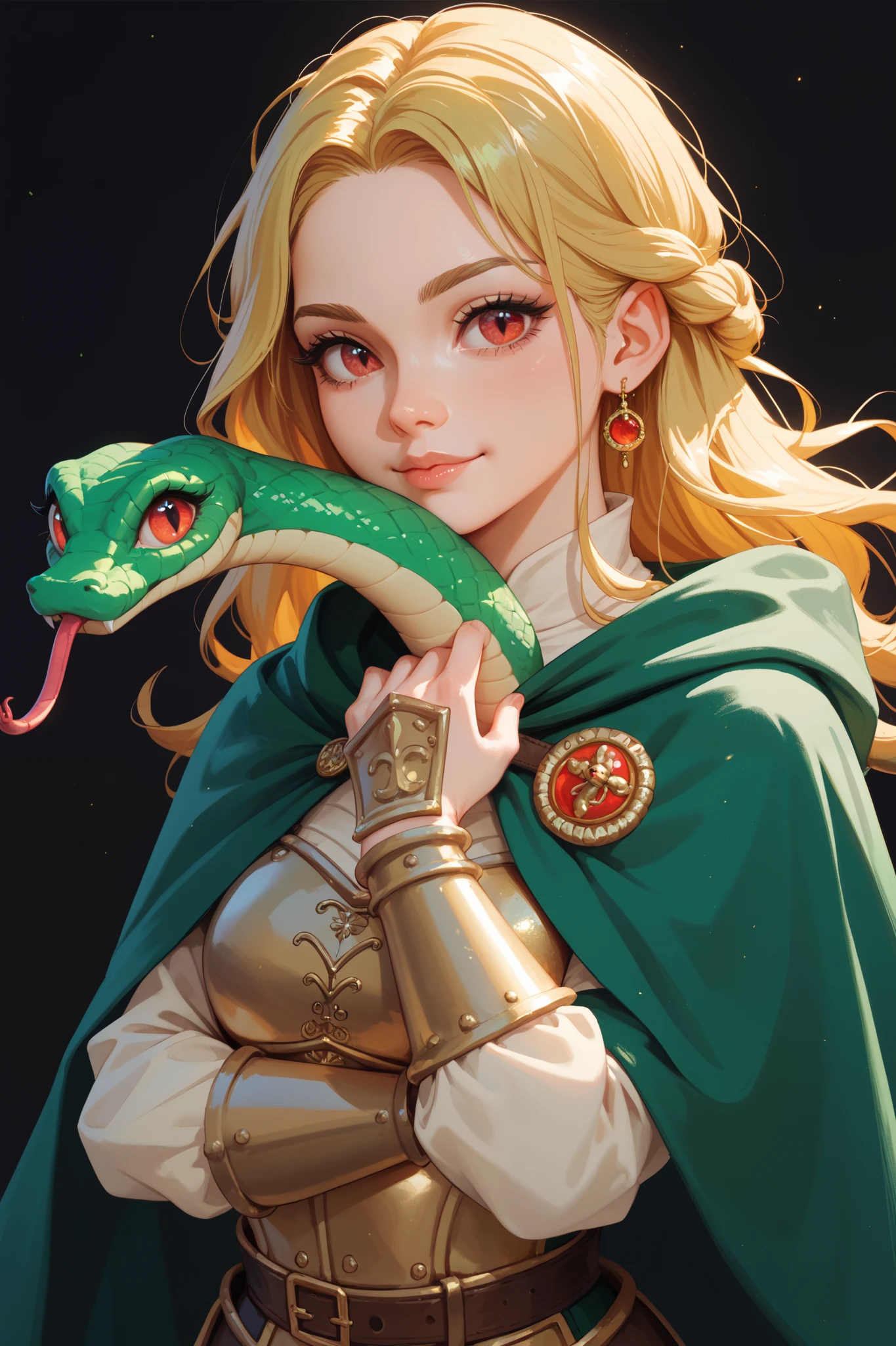  Cute girl in big bulky medieval armor,  green cloak,  blonde ,  golden hair,  red eyes, Gorgona jellyfish, green scales , snakes,  dark black background ,  green hair tips 