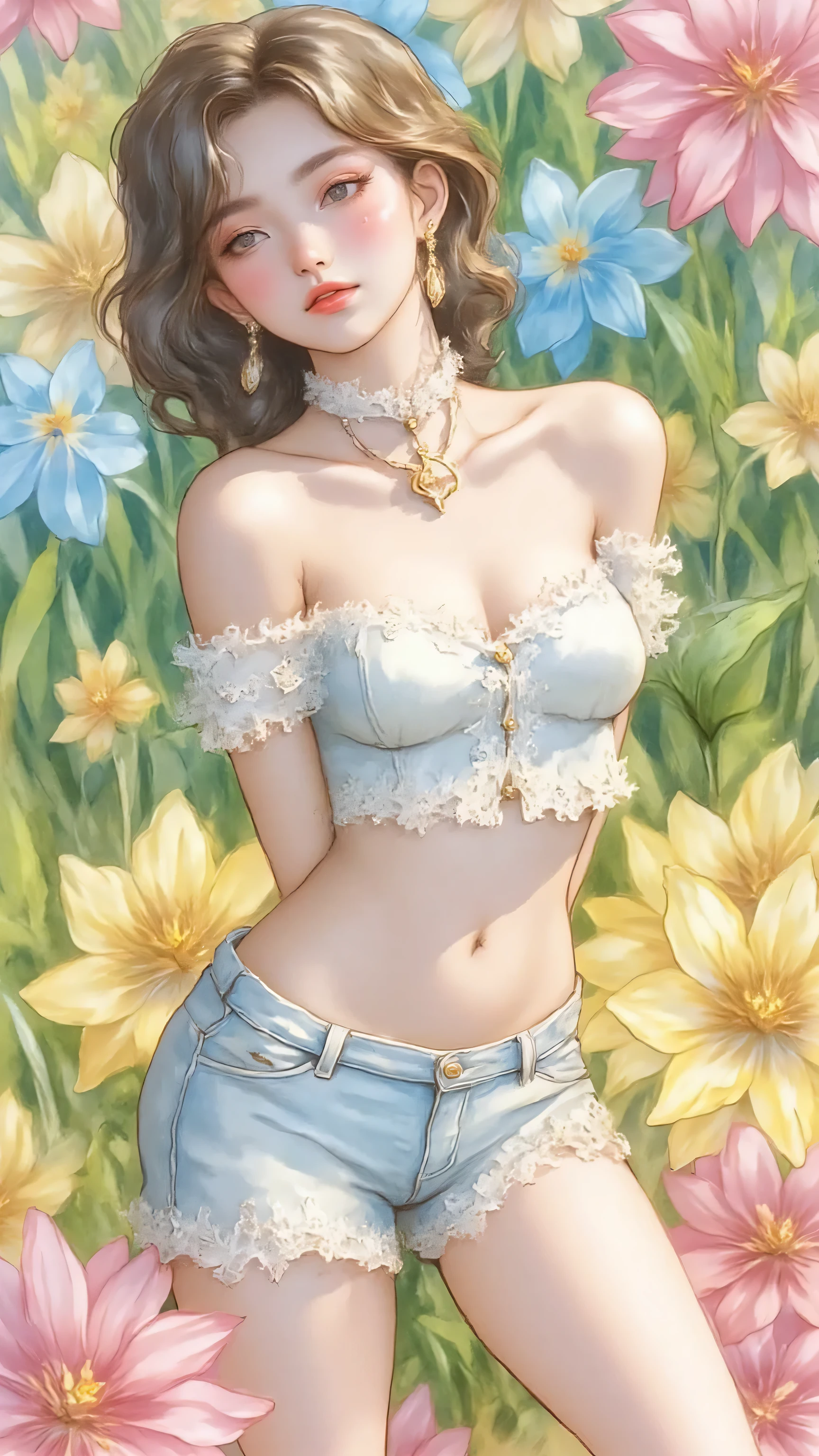 Wildlife, ((Best resolution)), ((high quality:1.2)), Work of art, 8k, extremely detailed, ((High detail:1.2)), (HotLexi woman), Solo, 24 year old Gyaru Japanese female, (mini-shorts, crop strapless), (beautiful perfect face:1.23), Kizi,(eyes looking off to side), Highly detailed, Amazing work,Vitreous luster, blues, yellows, Best quality at best,shiny skin, no background, colorful background, green background, pink background, gold, background, plunging neckline, arms behind back, heavy blushing, huge breasts,