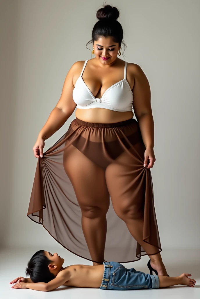A woman with long hair, wearing lingerie, black stockings, and high heels, standing on a beach and smiling, with a curvy figure, (best quality,8k,highres,masterpiece:1.2),(realistic,photo-realistic:1.37),professional lighting,photon mapping,radiosity,physically-based rendering,on a beach,smiling,large breasts,curvy hips,slim waist