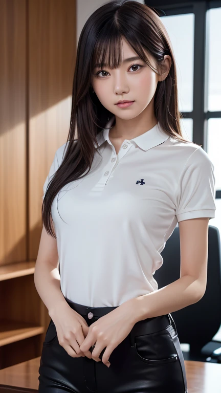 (One woman), Great face and eyes, blue eyes, Captivating smile, (Stunningly beautiful woman), (Highest quality:1.4), (Very detailedな), (Very detailed CG 統合 8k 壁紙), Very detailed, High-quality RAW color photos, Professional photography, Written boundary depth、Sexy pose、Luxury、(((Big Breasts、Reality)))、(((Polo shirt)))、mini skirt、Beautiful feet、height: 170cm、Slender beauty