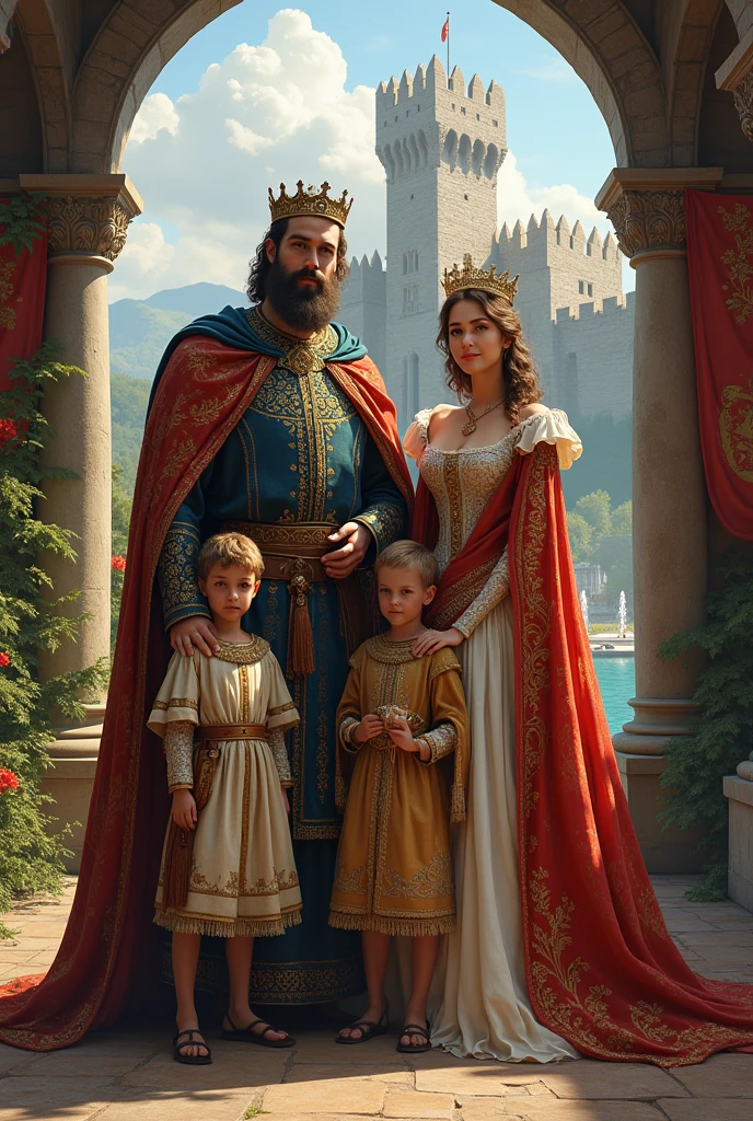 A 20 year old woman with blonde hair and golden strands, wearing a crown, sansa stark style dress dark clothes. By your side two blond twin babies, a girl and a boy.
Next to them are the father, a man with a crown, john snow style sitting on thrones, he holds a , on the side the woman is on another throne holding a baby