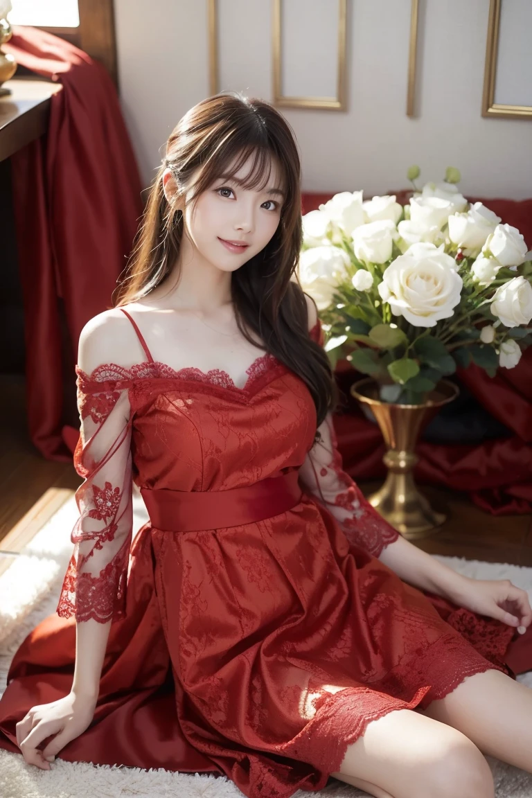 Medium display, Medium Shot, Written boundary depth, Photograph the whole body:1.5, Movie angle, masterpiece, highest quality, Very detailed, CG, 8k wallpaper, Beautiful Face, Delicate eyes, Otome, alone, smile, Crimson Dress,  bouquet、High heels