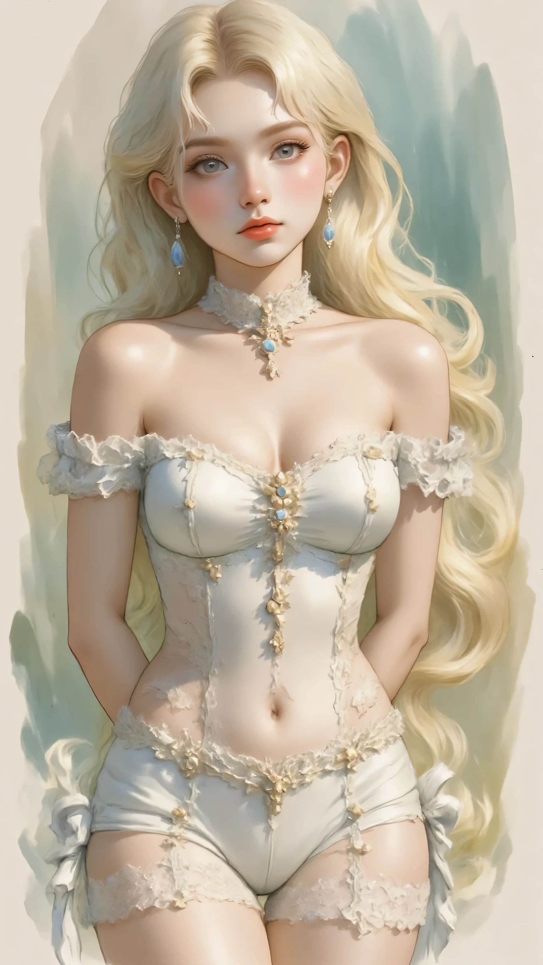 Classic art retro painting, Best quality, high resolution 8k,most beautiful teenager,17 years old, white skin, ultra detailed, European, long hair disheveled, blonde, perfect body, toned,exuberant exotic, erotic, sensual, big breasts,narrow waist, big buttocks very well detailed micro lingerie