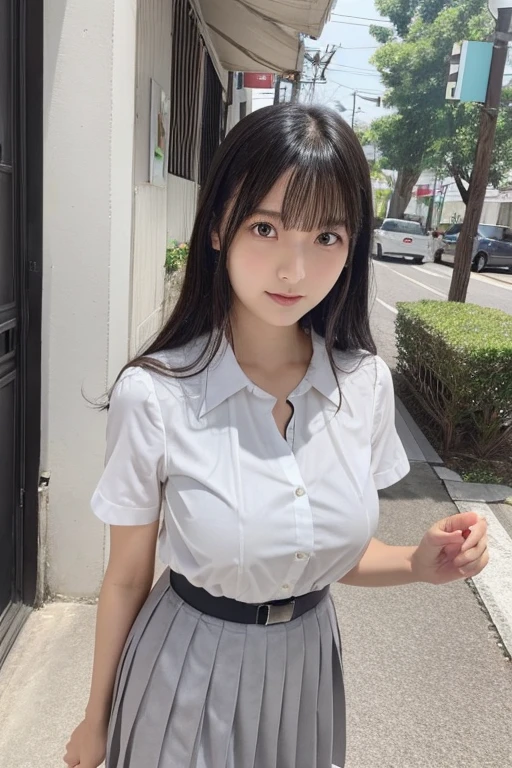 ((1 girl)), ((Best Quality)), ((Ultra-detailed)), ((High resolution)), (8K Wallpaper), ((Perfect dynamic composition)), Realistic, Indoors, In the classroom, A blackboard and some tables, ((Cinematic lighting)), Solo, Cowboy shot, Japanese girl, Wavy long hair, Bangs, Brown hair, ((Beautiful detailed eyes)), , (Dress shirt:1.4), White shirt, ((Large breasts)), Short sleeve, Navy pleated skirt, Short skirt, Standing, Seductive pose, Smile, (Looking at viewer)