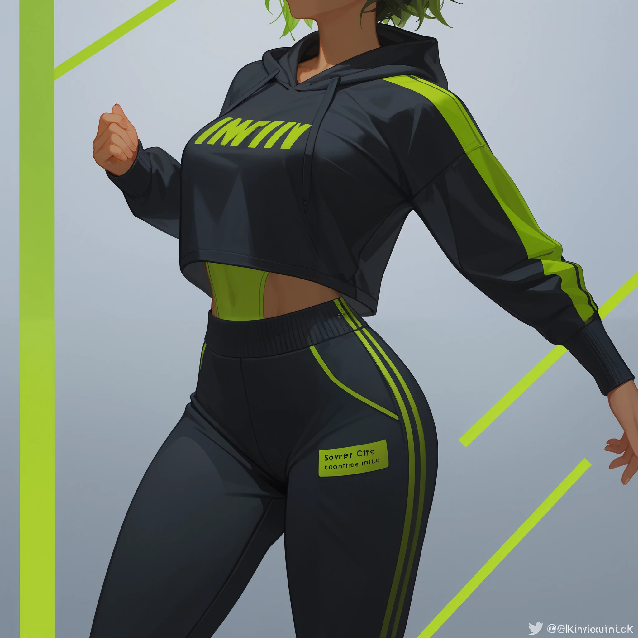 Braided Black hair, slender, rear view, facing away, tight green leggings with black stripes, black hoodie 