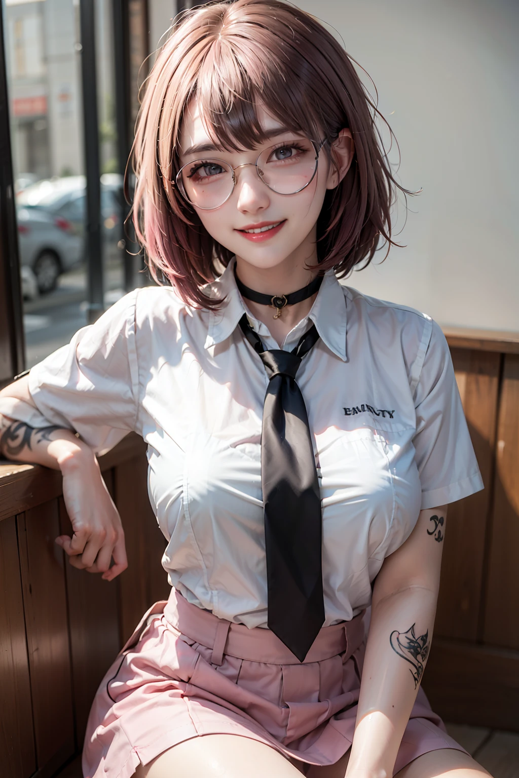 1Women, early 20s, (medium pink hair with bangs:1.2), golden eyes, happy, (satisfied smile:1.3), jewellery, big breast, (body writing, tattoos:1.3), (Sweaty:1.1), wet, shiny skin, black choker, black necktie, black skirt, choker, collared shirt, loose necktie, necktie, official alternate costume, school bag, shirt, shirt tucked in, rolled sleeves, skirt, white shirt, round glasses.