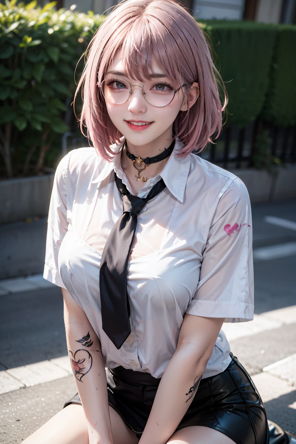 1Women, early 20s, (medium pink hair with bangs:1.4), golden eyes, happy, (satisfied smile:1.3), jewellery, big breast, (body writing, tattoos:1.3), (Sweaty:1.1), wet, shiny skin, black choker, black necktie, black skirt, choker, collared shirt, loose necktie, necktie, official alternate costume, school bag, shirt, shirt tucked in, rolled sleeves, skirt, white shirt, round glasses.