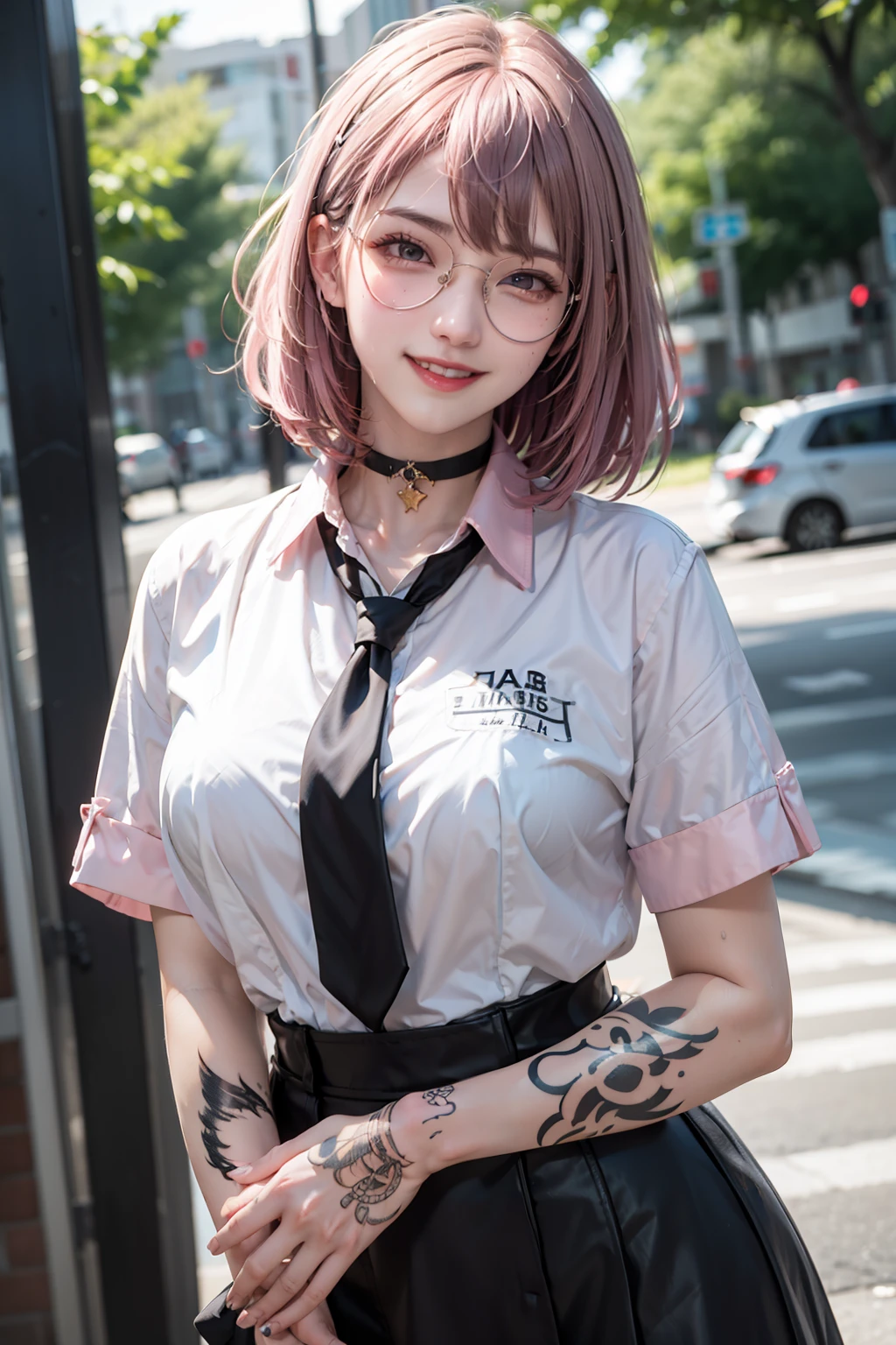 1Women, early 20s, (medium pink hair with bangs:1.4), golden eyes, happy, (satisfied smile:1.3), jewellery, big breast, (body writing, tattoos:1.3), (Sweaty:1.1), wet, shiny skin, black choker, black necktie, black skirt, choker, collared shirt, loose necktie, necktie, official alternate costume, school bag, shirt, shirt tucked in, rolled sleeves, skirt, white shirt, round glasses.