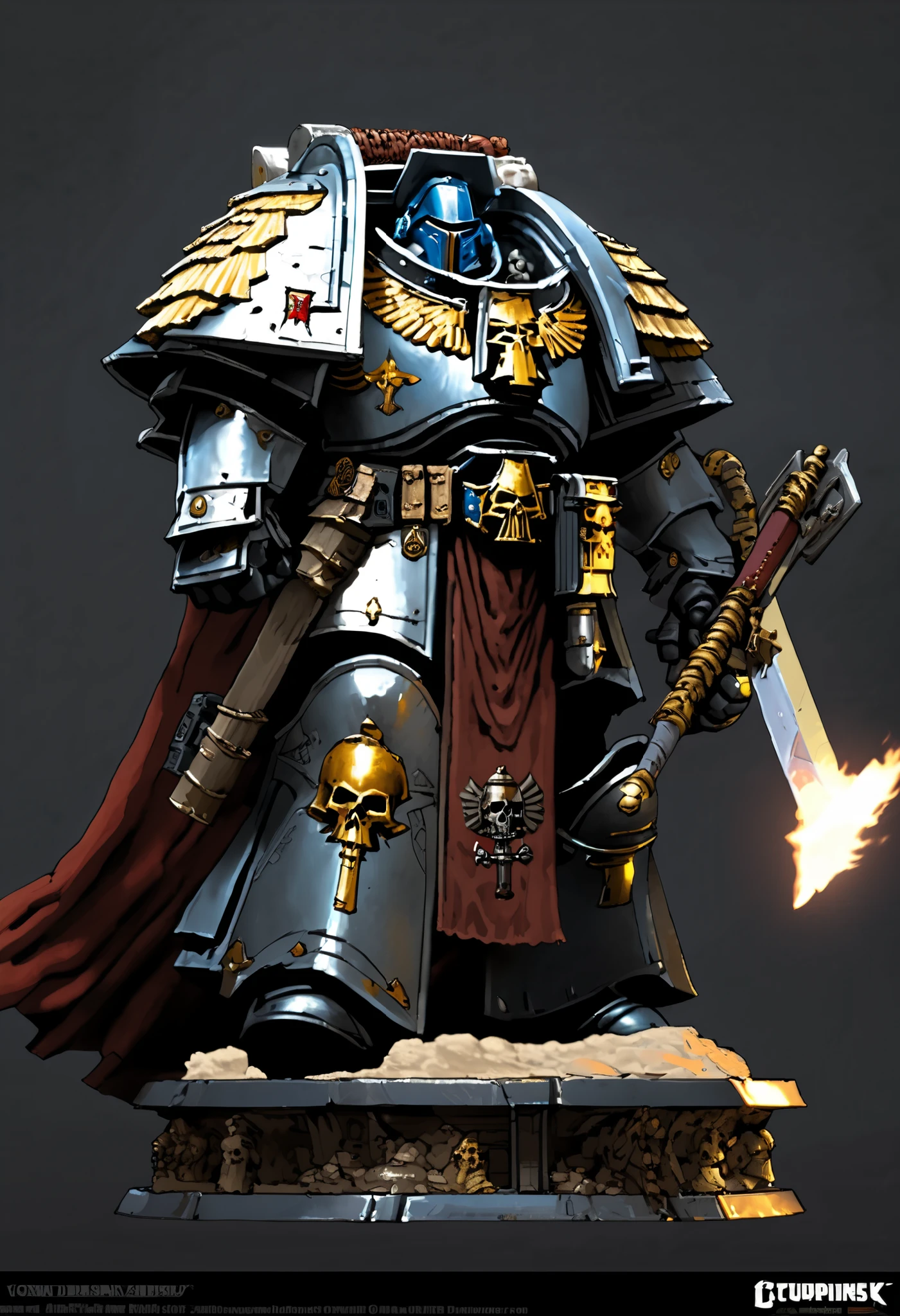 Illustration art, Absurd resolution, high resolution, (masterpiece: 1.4), hyper-detail, warhammer 40k, full body, glowing weapon, cloak, armor, trimmings, 1man, bulky, buff, plume, loin cloth, crusader helmet, reference sheet, iron halo, GreyK40k, full shot, Holding_Halberd_V1, power armor, Solo, standing in a desert, octosoup