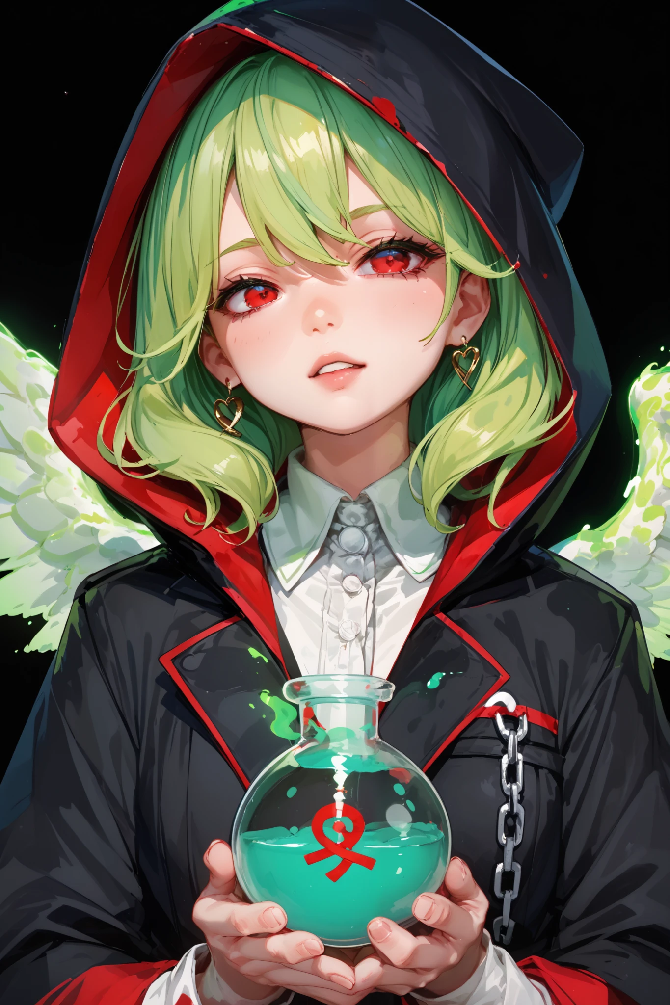 1 anime chan , blonde , red eyes ((( his eyes are red , The red-eyed , red eyes ))), hood, light golden hair, brought a flask of green glowing poison to her face , The girl was wearing a medium-length black coat with , in the hood, neon green poison with bubbles , spilled around , rages , neon green aura , black background , (green hair tips) , white wings behind her