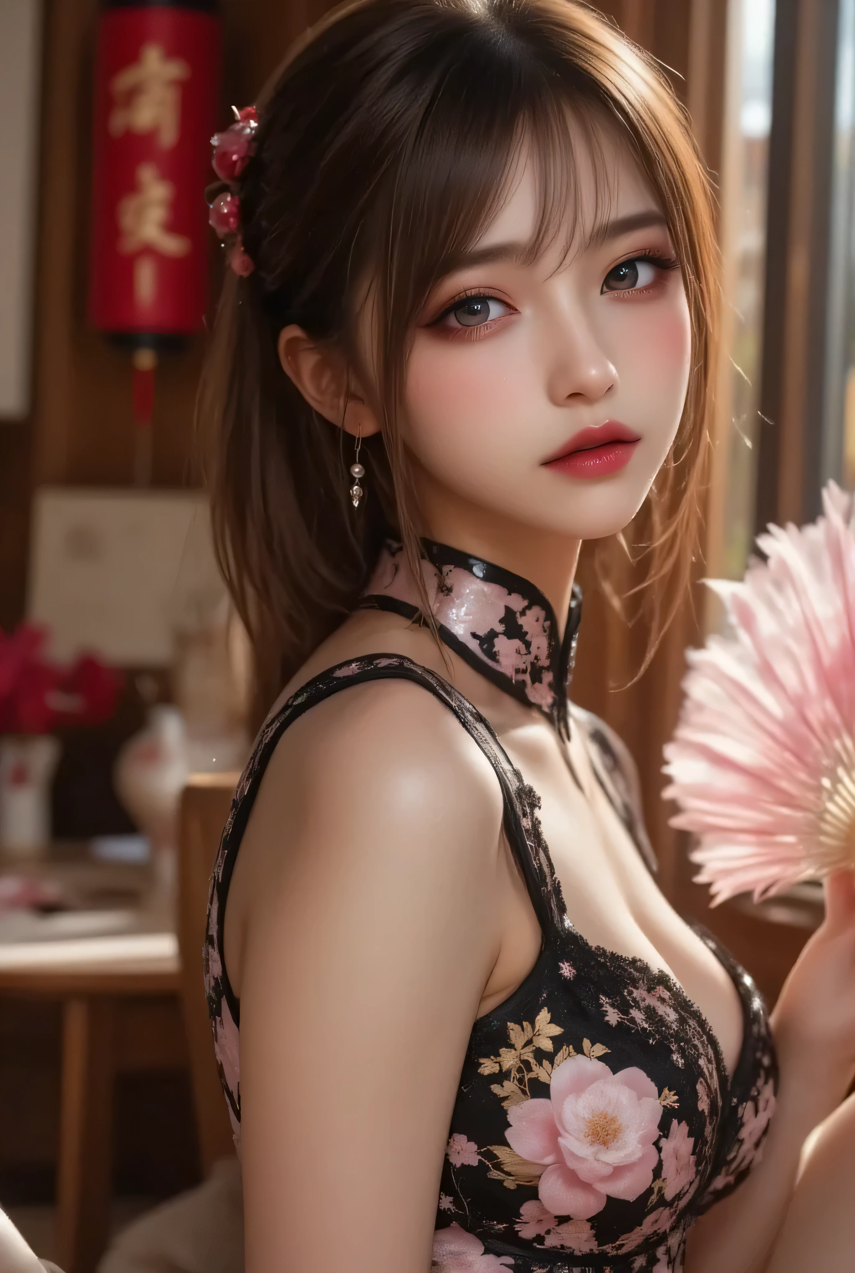 (Eyes on viewer 2.0),(Big Tits 1.8),(Gorgeous colorful dress 1.8),(Table Top 1.8),masterpiece，Highest Resolution，Dynamic bust of a beautiful Chinese woman，Delicate black bun，,Black clear eyes，Her hair is covered with beautiful and delicate floral detailing., crystal jewelry filigree，Ultra-detailed details，beauty effect，Soft Lighting。