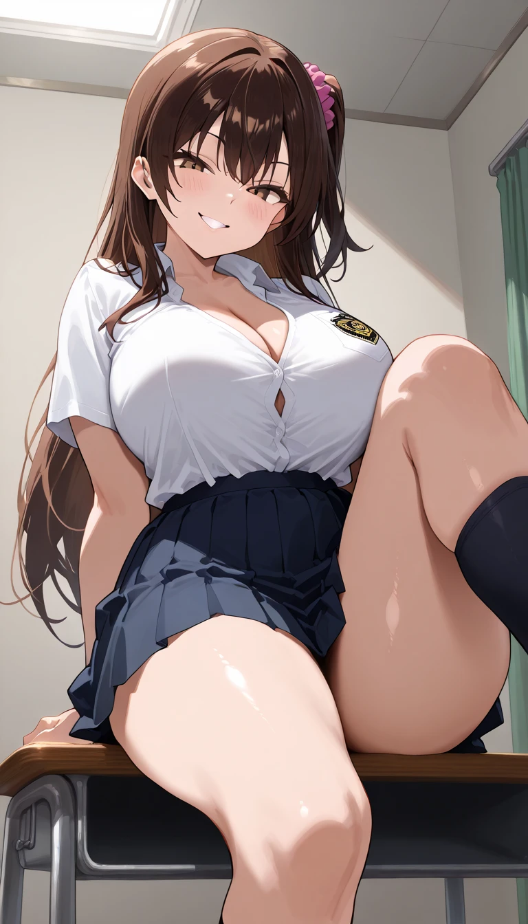 A sexy women, sexy body, curvy body, long straight black hair, twintail hair, red eyes, sexy lips, make up, red colored eyeline, smile, big breasts, sexy hips, sexy expression, anatomically correct, super detail, high quality, highres, 4K, (full body shot), school girl, sailor , garter belts, stockings, sneakers, necktie, squatting