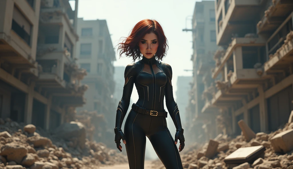 Realistic, detail, cinematic, 8k. asian girl, black widow costume, Short in stature, Height of 155 centimeters, big breast, chubby body natural, super hero pose, Standing in a destroyed city.