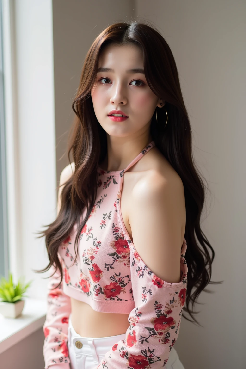 ((Burgundy long hair))、Luxury brand clutch bag、No watch、Gold Rings、((Coral pink lip))、Selfie in front of the mirror、Center of gravity on the hips、((floral bustier))、Classical Fashion、Organza long sleeves、(((Accurate hands、Accurate Face)))、Detailed hand and fingers、Detailed body、Precise fingers