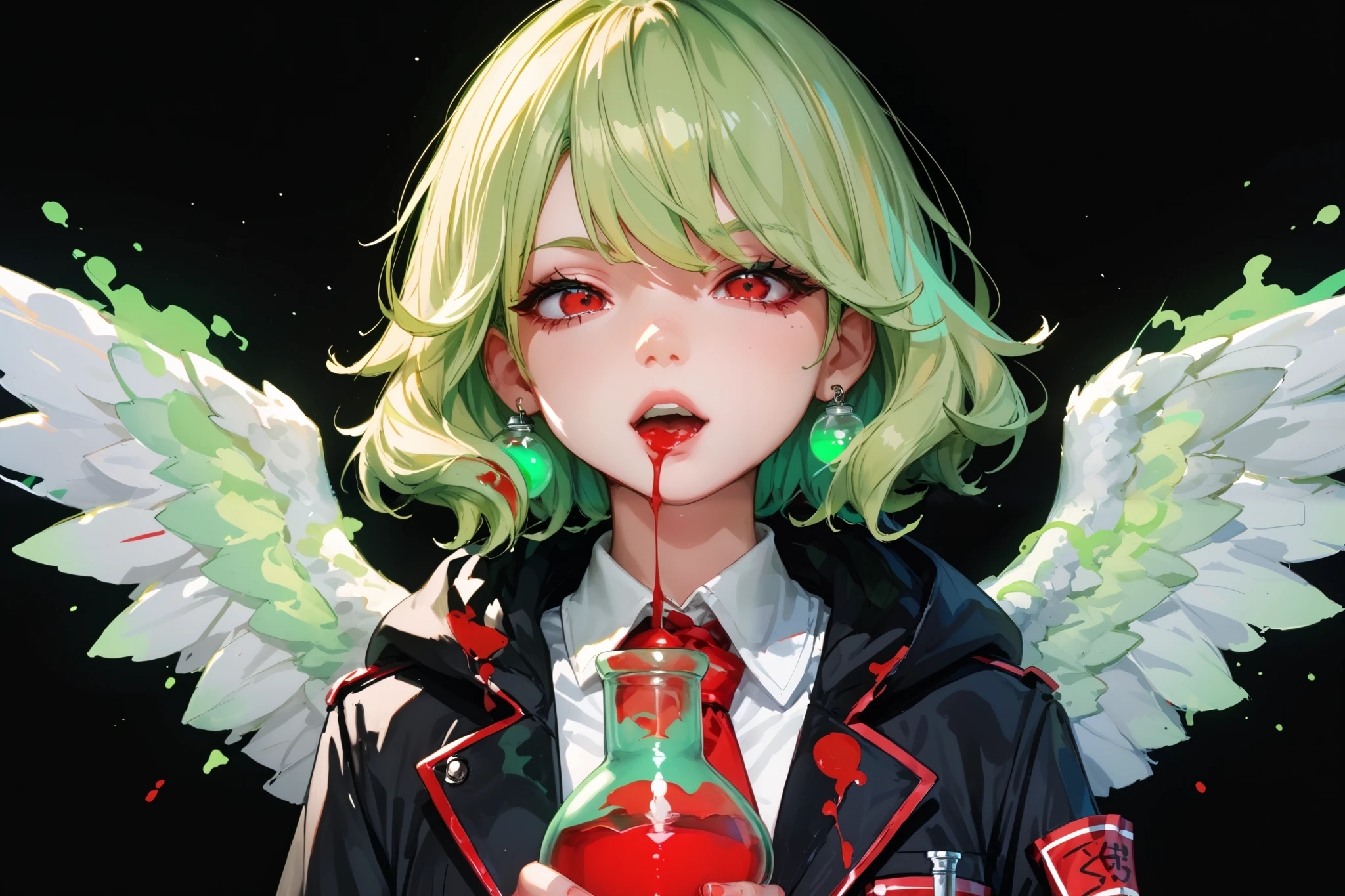 1 anime chan , blonde , red eyes ((( his eyes are red , The red-eyed , red eyes ))), hood, light golden hair, brought a flask of green glowing poison to her face , The girl was wearing a medium-length black coat with , in the hood, neon green poison with bubbles , spilled around , rages , neon green aura , black background , (green hair tips) , white wings behind her