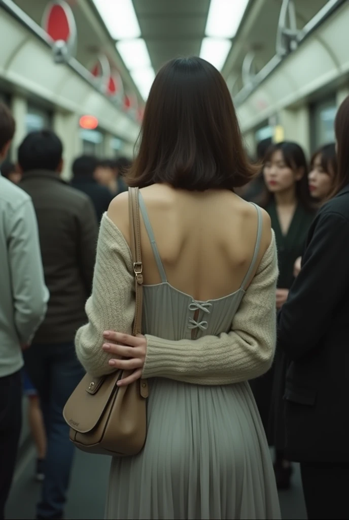 (32K:1.9, Highest quality, masterpiece, Ultra-high resolution, Professional low-angle camerawork:1.5, Very detailedな肌と顔の質感:1.4), Always accurate, Very detailed, bag, (((((Crowded train:2.0, Crazy behavior:2.2, A man touches a woman's body:2.5))))), ((25 year old Japanese woman, Big breasts on the verge of collapse:1.2, Camisole dress and cardigan:1.5, Incredibly slim body:1.3, areola is not visible)), belt, Fair skin, elegant, sense of cleanliness, Thin eyebrows, (Big eyes that exude beautiful eroticism:0.4, A shy smile:1.0, I despise you from the bottom of my heart:0.8, Open your mouth a little, lipstick, Feel the beautiful eroticism:0.9, Dark brown medium hair), Earrings, necklace, bracelet, romantic, mysterious, Object of admiration, original, dramatic, artistic, Innovative, charm, Heartful, Fancy, Tilt, sense of loss, special, ((exciting, Extreme, sense of openness, suffering, sufferingの表現)), (((Mistakes of youth, 女性的なcharm)))