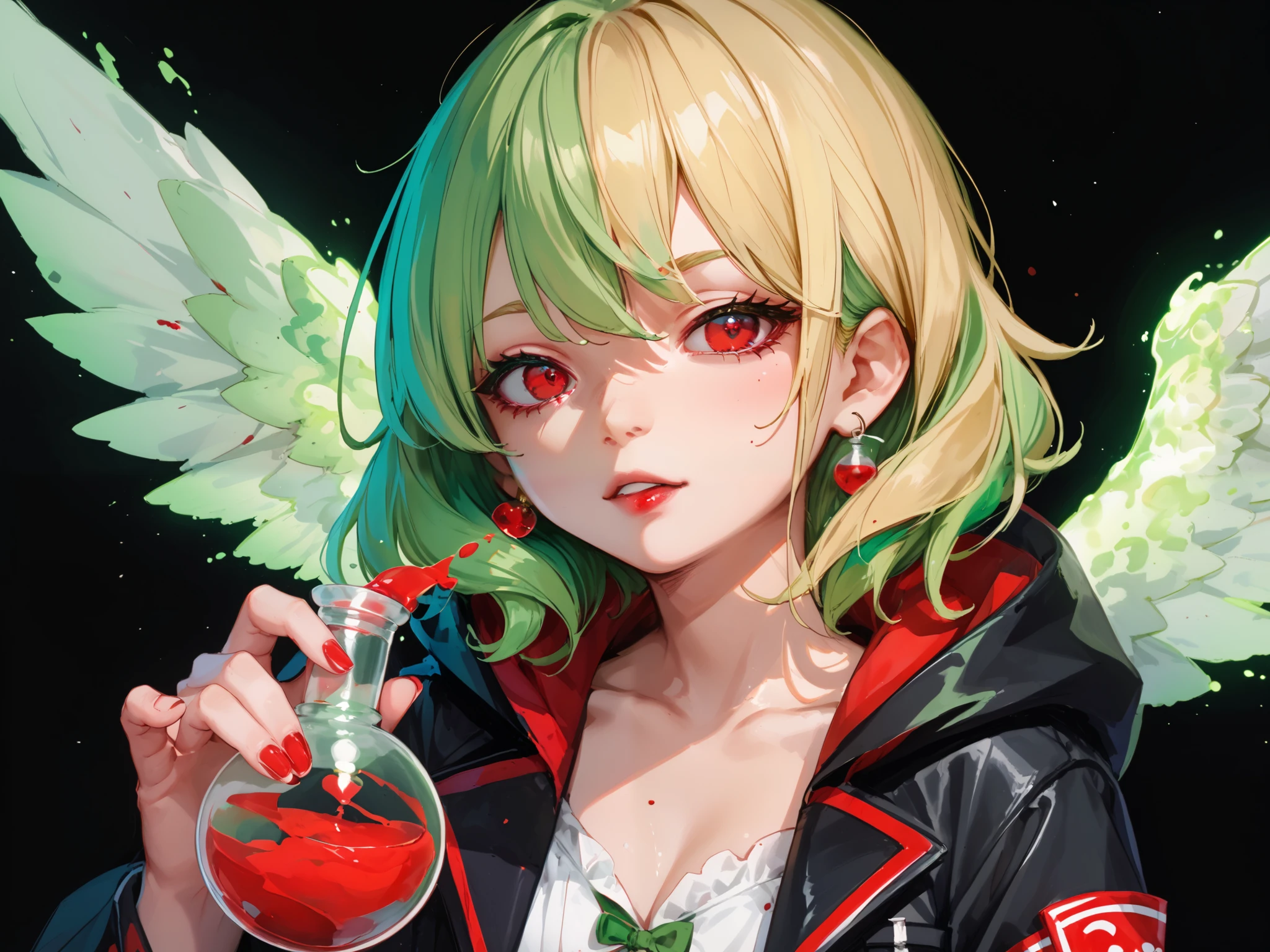 1 anime chan , blonde , red eyes ((( his eyes are red , The red-eyed , red eyes ))), hood, light golden hair, brought a flask of green glowing poison to her face , The girl was wearing a medium-length black coat with , in the hood, neon green poison with bubbles , spilled around , rages , neon green aura , black background , (green hair tips) , white wings behind her