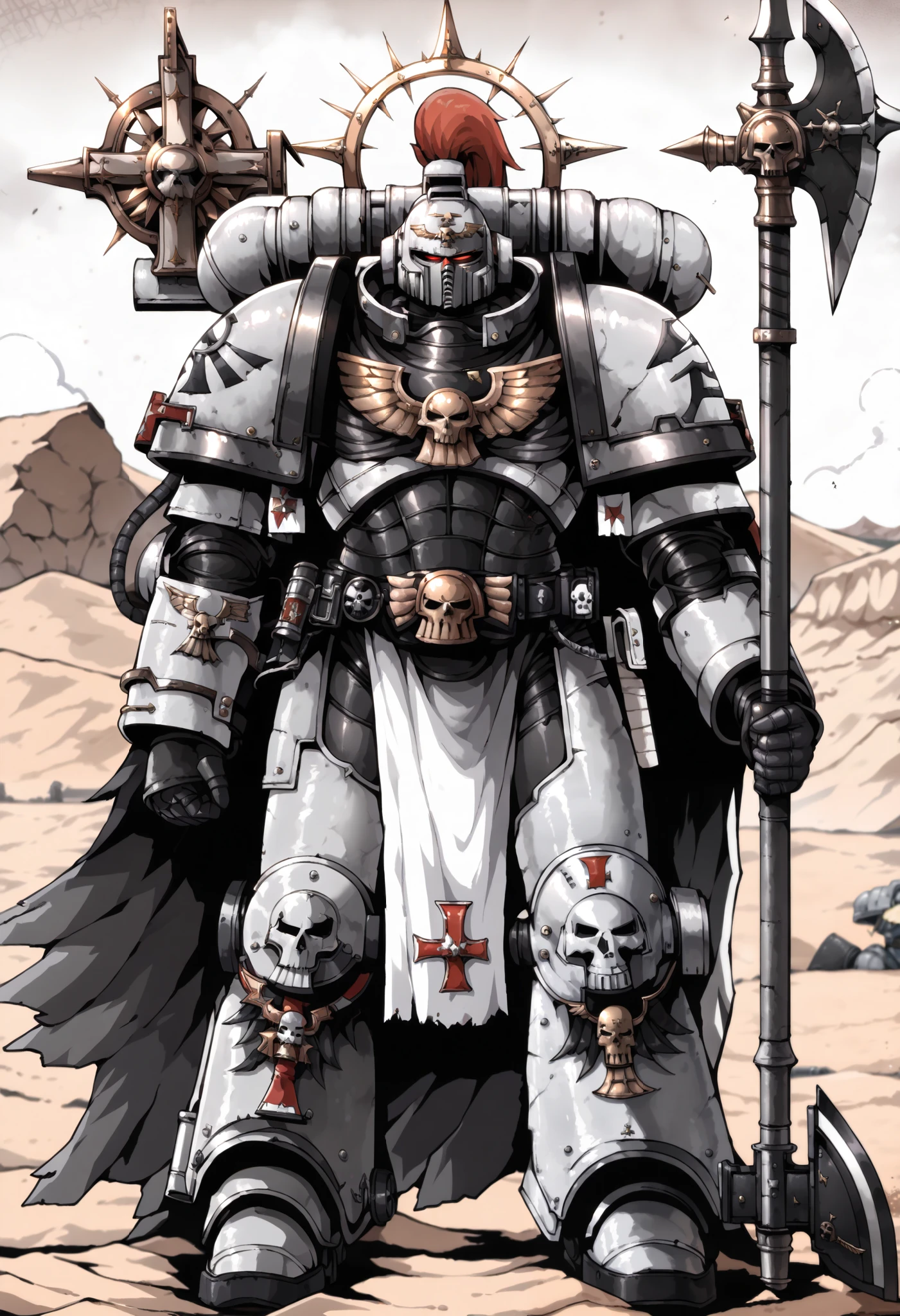 Illustration art, Absurd resolution, high resolution, (masterpiece: 1.4), hyper-detail, warhammer 40k, full body, glowing weapon, cloak, armor, trimmings, 1man, bulky, buff, plume, loin cloth, crusader helmet, reference sheet, iron halo, BlackT40k, full shot, Holding_Halberd_V1, power armor, Solo, standing in a desert, octosoup, oversize pauldrons,