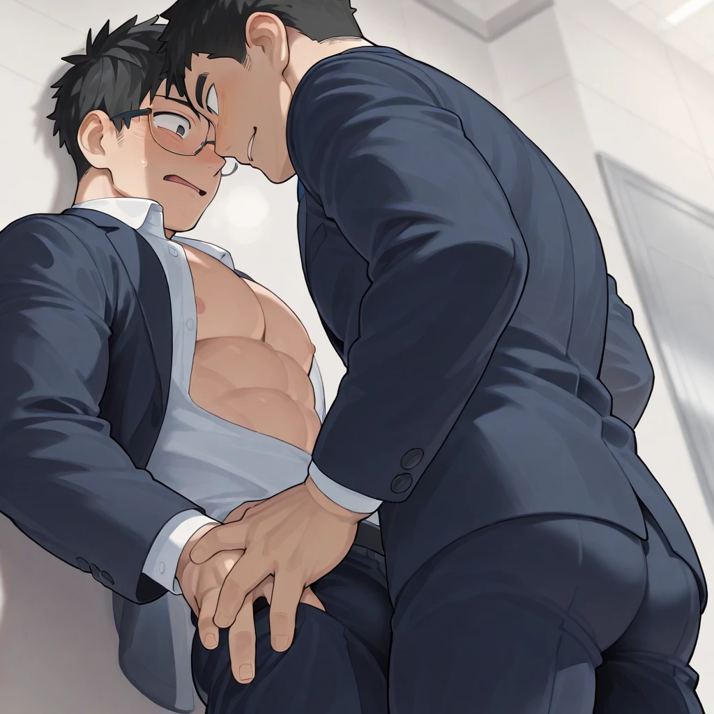 best quality, masterpiece, manga style, yaoi, 2boys, handsome young man with curtain bangs wearing business suit, embarrassed expression, a smiling older gentleman pulls him by the tie, strokes his hair, in elevator, cinematic lighting, dramatic shadows